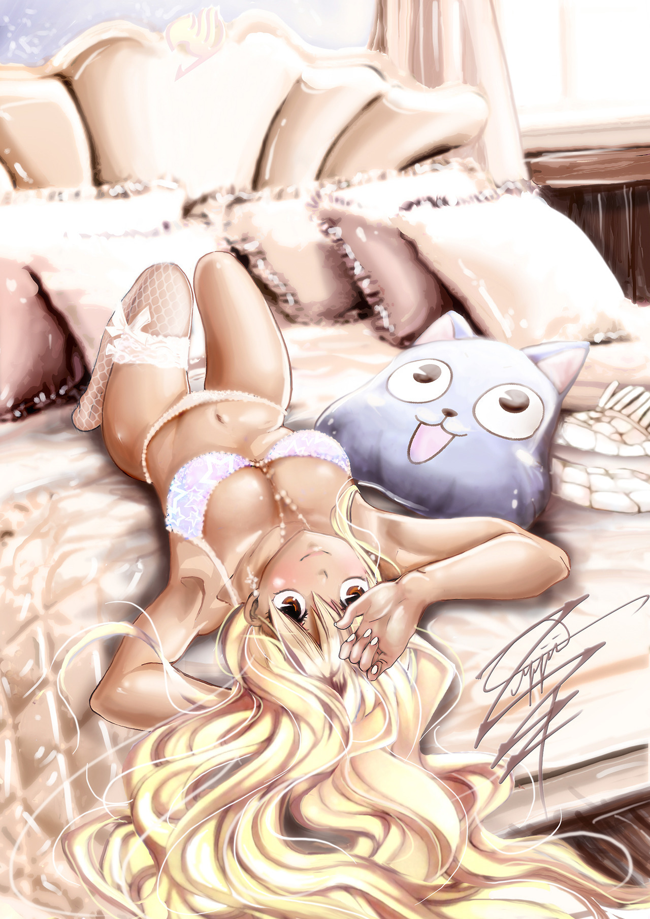1girls, bed, blonde hair, blonde-haired female, bridal lingerie, fairy tail, female, happy (fairy tail), laying, laying on back, lingerie, lucy heartfilia, pillow, posing, zippi44