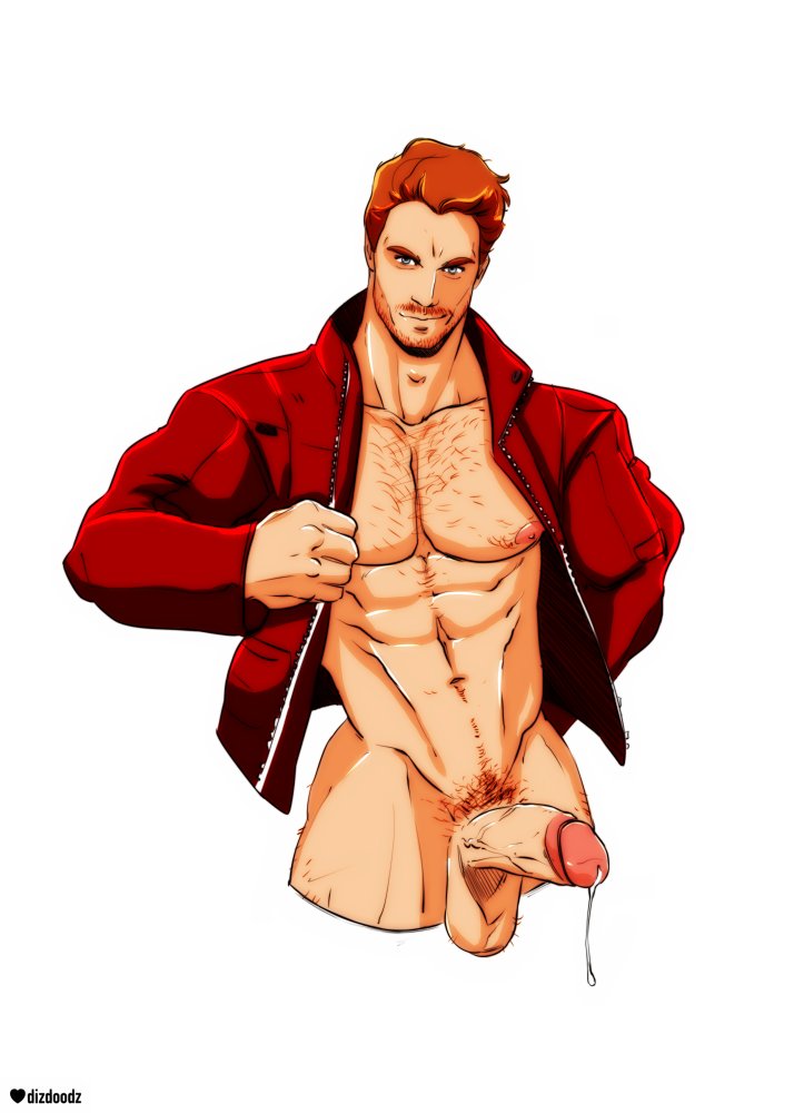1boy, abs, blue eyes, bottomless, chest hair, cum, cum drip, cumdrip, dizdoodz, erect nipple, exposed nipple, facial hair, foreskin, ginger, ginger hair, guardians of the galaxy, huge cock, human, human only, jacket, looking at viewer, male, male focus, male only, marvel, marvel comics, muscular, mustache, nipples, nude, open jacket, orange hair, orange pubic hair, partially retracted foreskin, pecs, penis, peter quill, precum drip, pubic hair, red hair, retracted foreskin, shirtless, simple background, solo, solo focus, solo male, starlord, stubble, topless, uncircumcised, uncut, veiny penis, white background