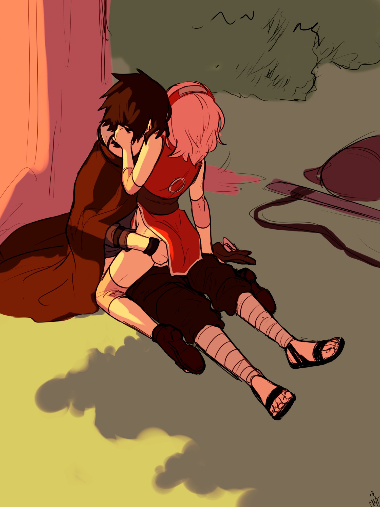 against tree, ass, black hair, ceejss, clothed, cowgirl position, female, hand on ass, naruto, naruto (series), naruto shippuden, naruto: the last, outdoors, pink hair, sakura haruno, sasuke uchiha