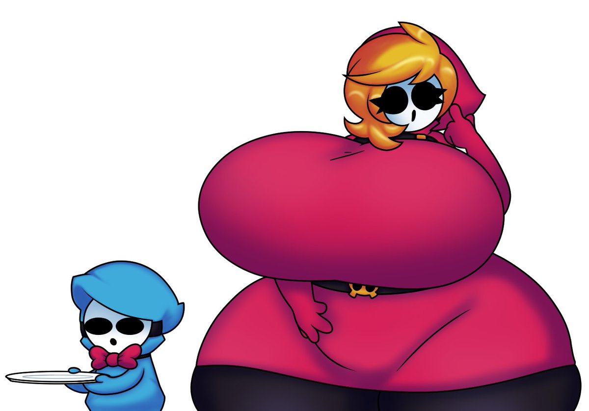 1boy, 1girls, ass, belly, belt, big ass, big breasts, big butt, bow, breasts, clothed, clothing, dewbber, fat, female, hourglass figure, huge ass, huge breasts, hyper ass, hyper breasts, male, mario (series), mask, nintendo, plate, shy gal, simple background, size difference, smaller male, standing, tagme, tight clothing, white background