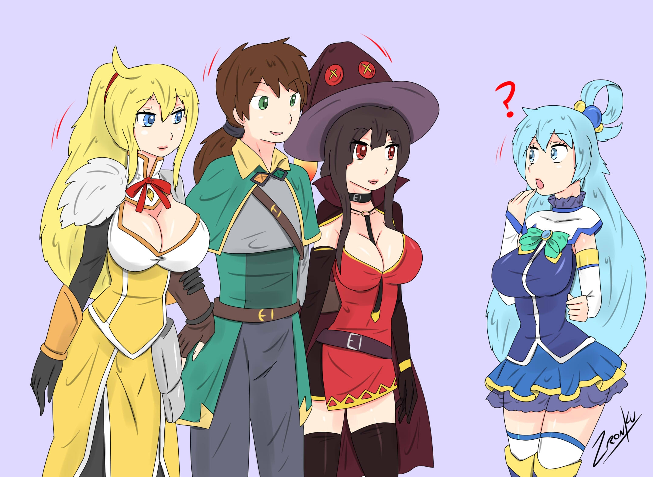 1boy, 3girls, aged up, alternate costume, aqua (konosuba), aqua hair, black hair, blonde hair, blue hair, brown hair, brunette, darkness (konosuba), female, fully clothed, kono subarashii sekai ni shukufuku wo!, light blue hair, male, megumin, milf, multiple girls, satou kazuma, zronku