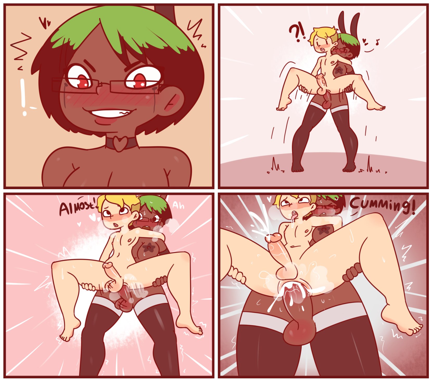 1boy, 1futa, ahe gao, anal, anal sex, anus, ass, ass grab, barefoot, big breasts, black hair, blonde hair, breasts, bunny ears, choker, closed eyes, comic, cum, cum announcement, cum drip, cum in ass, cum inside, cum while penetrated, cumming together, cumshot, dark skin, dark-skinned futa, dialogue, duo, ejaculation, elbow gloves, embarrassed, erect nipples, erection, eye contact, fake animal ears, futa on male, futadom, futanari, gaping anus, glasses, green hair, hand on hip, hands-free, handsfree ejaculation, heart, hourglass figure, interracial, intersex, large breasts, larger futa, lipstick, looking pleasured, male, malesub, medium hair, mutual orgasm, naked stockings, naked thighhighs, naughty face, nipples, nude, penis, penis size difference, pink background, pleasure face, precum, red eyes, red lipstick, red7cat, sex, short hair, simple background, smile, spread legs, stand and carry position, standing, standing sex, stockings, surprised, sweat, thick thighs, thighhighs, trembling, wide hips