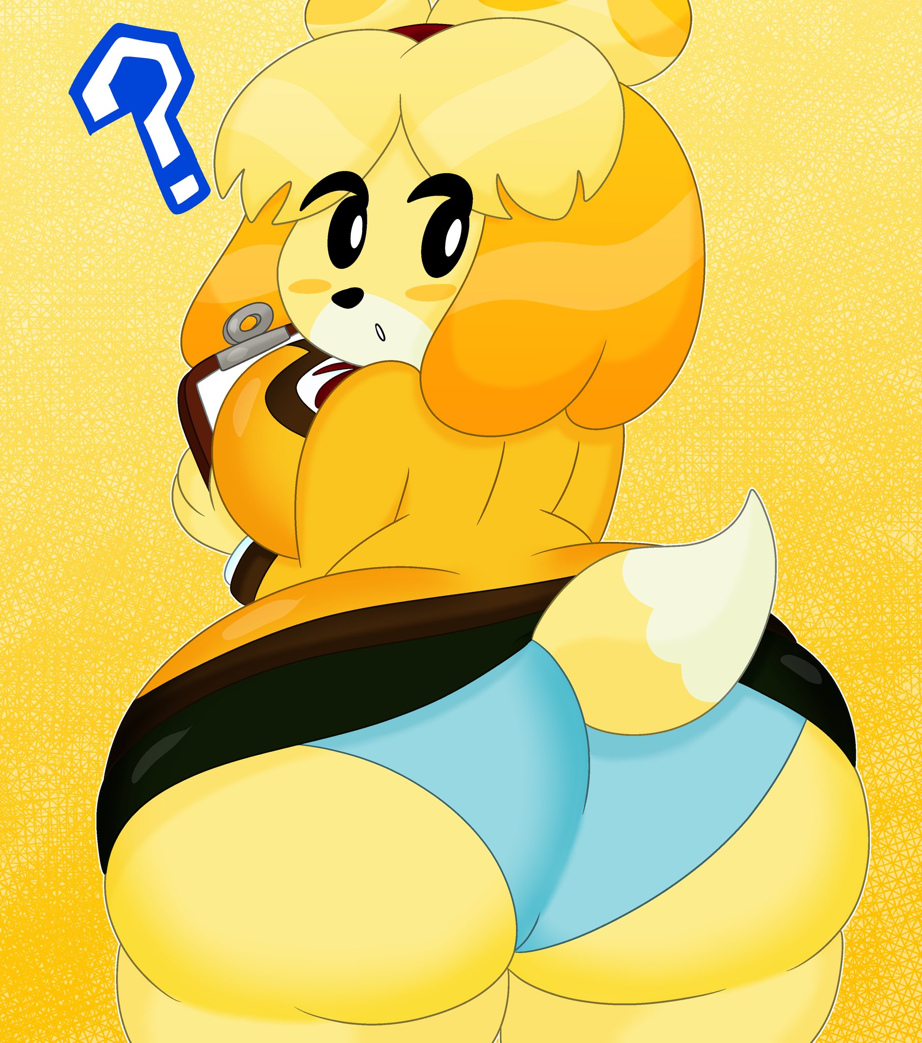 ?, 1girls, 2021, 3barts, animal crossing, ass, big ass, blue panties, canine, commission, cute, female, isabelle (animal crossing), looking back, nintendo, panties, pantyshot, shih tzu, tagme, thick thighs, thighs, upskirt, yellow fur
