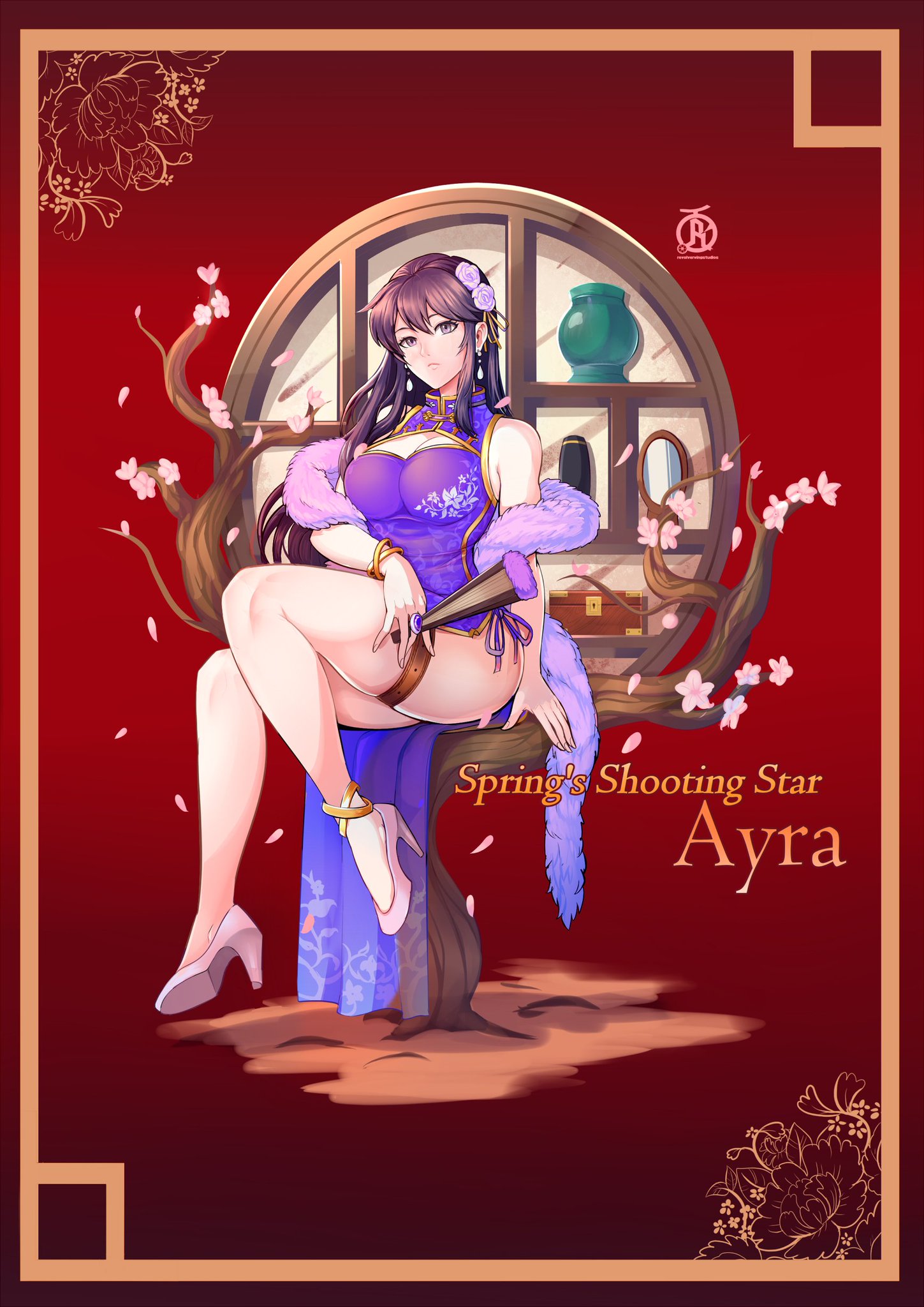 1girls, alternate costume, ass, ayra (fire emblem), bare legs, big ass, big breasts, black hair, breasts, chinese clothes, color, curvy, earrings, female, fire emblem, fire emblem: genealogy of the holy war, flower, flower in hair, heels, high heels, higher resolution available, large breasts, long hair, looking at viewer, nintendo, revolverwingstudios, sitting, thick thighs, thighs, wide hips