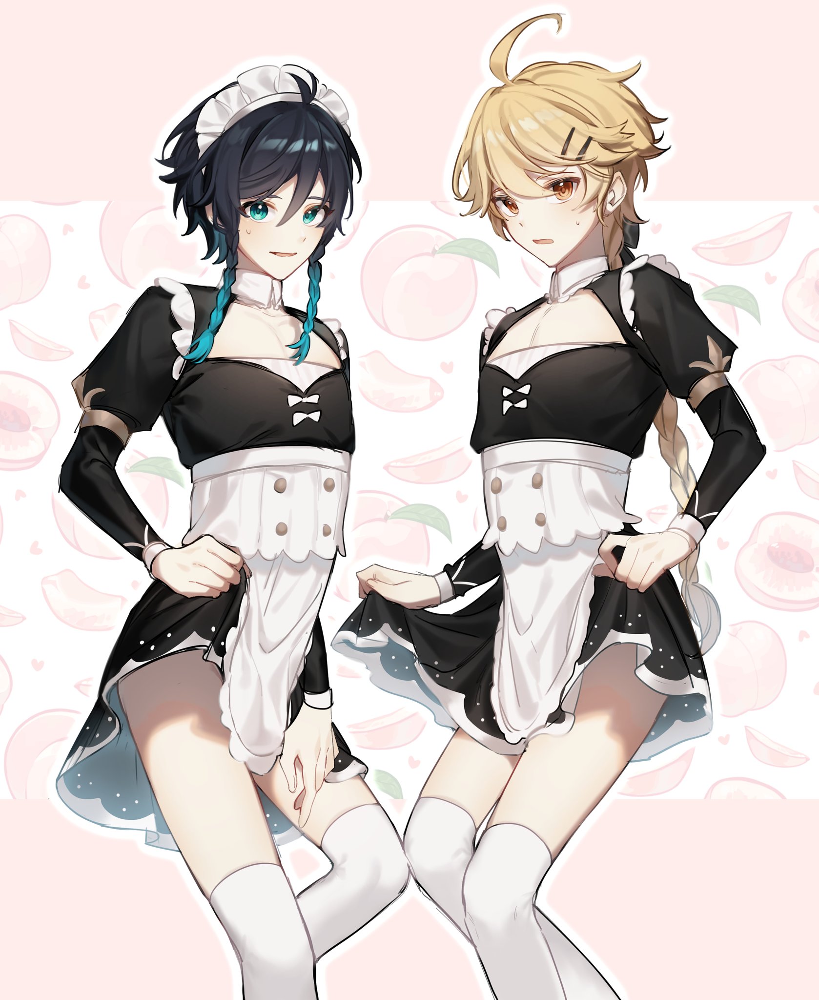 2boys, aether (genshin impact), apron, black hair, blonde hair, braid, crossdressing, femboy, gay, genshin impact, gold eyes, green eyes, green highlights, hair ornament, koboli03, maid, maid headdress, male, male only, skirt lift, stockings, submissive, venti (genshin impact)