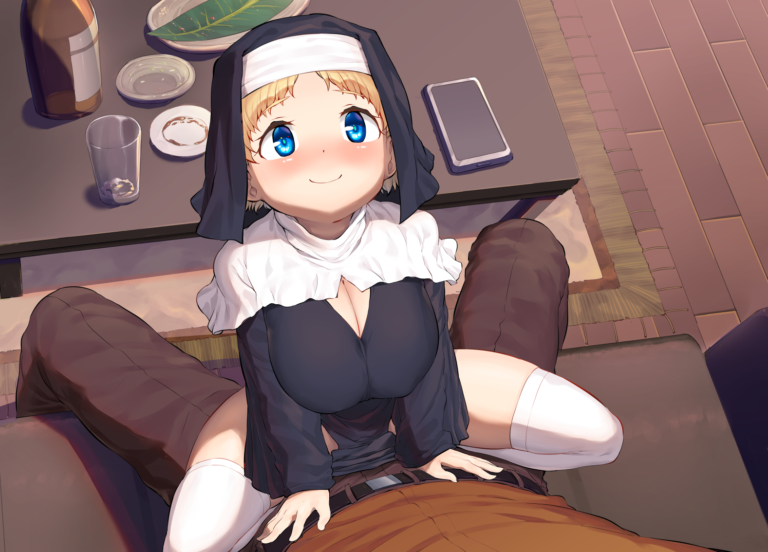 1boy, arm support, belt, blonde hair, blue eyes, blush, bottle, breasts, capelet, cleavage, cowgirl position, cup, drinking glass, female, habit, indoors, large breasts, looking at viewer, male, nun, on lap, on top, original, pelvic curtain, plate, sakimori dan, short hair, smile, straddling, table, thighhighs, upright straddle, white legwear