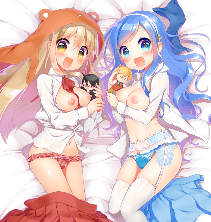 2girls artist_request blonde_hair blue_eyes blue_hair breasts doma_umaru female female_focus female_only himouto!_umaru-chan multiple_girls nipples panties skirt tachibana_sylphynford yellow_eyes