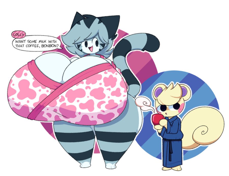 animal crossing, anthro, cat girl, catgirl, coffee, dewbber, duo, female, furry, kimono, lolly (animal crossing), marshal (animal crossing), mob face, nintendo, size difference, squirrel