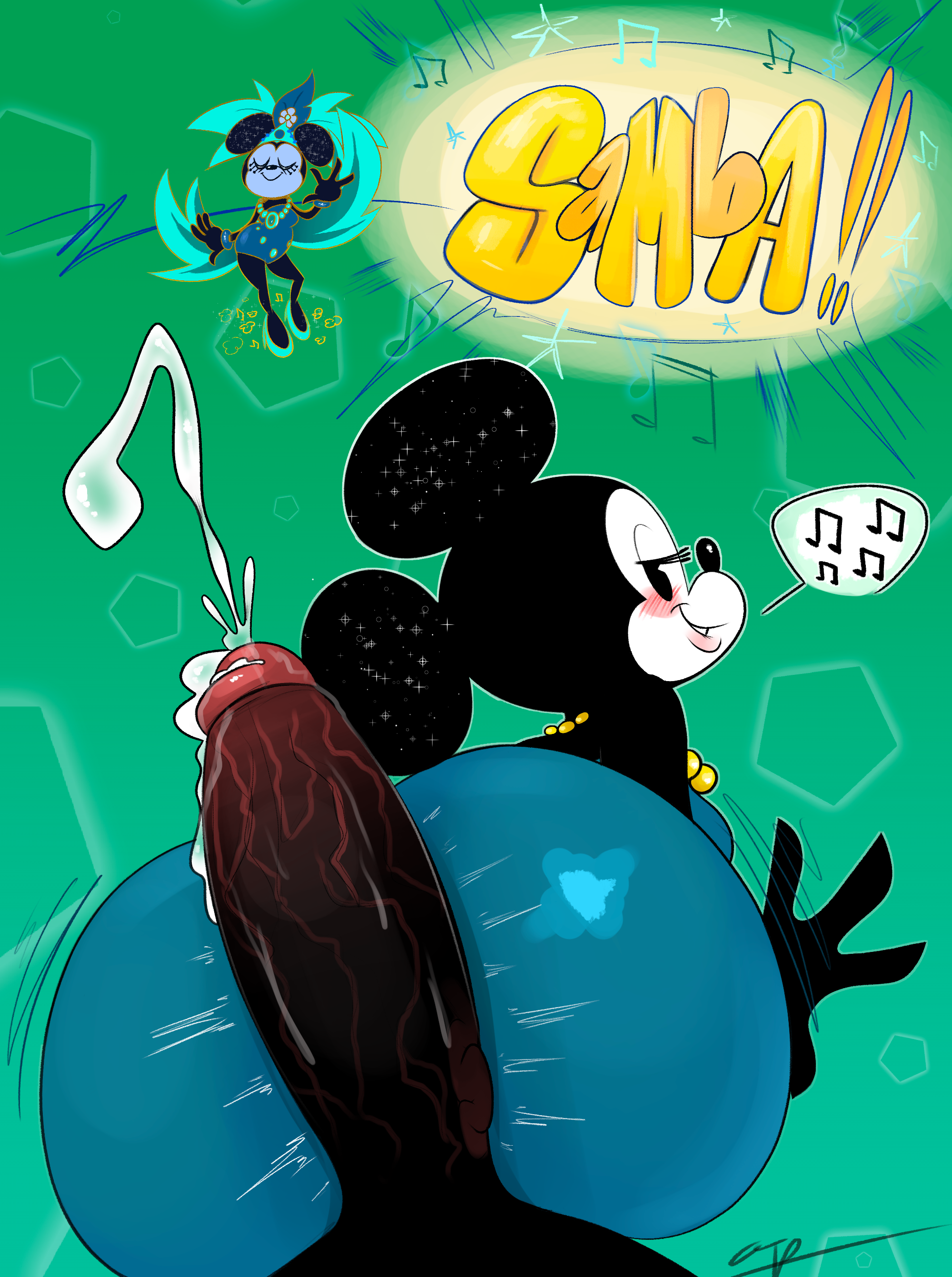 1girls, 2d, 2d (artwork), 2d artwork, anthro, ass, ass focus, assjob, bedroom eyes, big ass, blush, bottom heavy, brazilian carnival outfit, bubble ass, bubble butt, buttjob, cum, cumshot, disney, faceless male, female, full color, furry, hot dogging, huge ass, huge cock, male, mickey mouse shorts, minnie mouse, ota (artist), penis, seductive, text, veiny penis