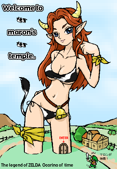 1boy 1girls 2005 aliased_lines armpits ass ass_visible_through_thighs bell belt bikini blue_eyes bovine bow bracelet breasts brown_hair cleavage copyright_name cow_bikini cow_girl cow_horns cow_print cow_tail door english_text female gameplay_mechanics hand_on_hip hat horns hylian hylian_shield japanese_text large_breasts legwear link link_(ocarina_of_time) long_ears long_hair male malon master_sword micro moo_bitch navel nintendo ocarina_of_time outdoors pointy_ears pose ranch ribbon side-tie_bikini sky smile standing statue surprised swimsuit tail text the_legend_of_zelda thigh_ribbon thigh_strap thighs translated tree underboob weapon yorori