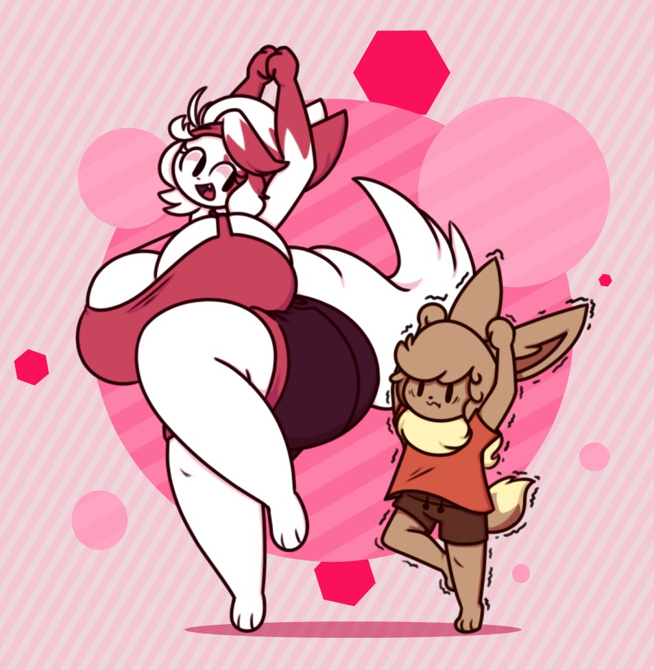 anthro, dewbber, eevee, furry, headband, pokemon, pokemon (species), size difference, working out, workout clothes, zangoose