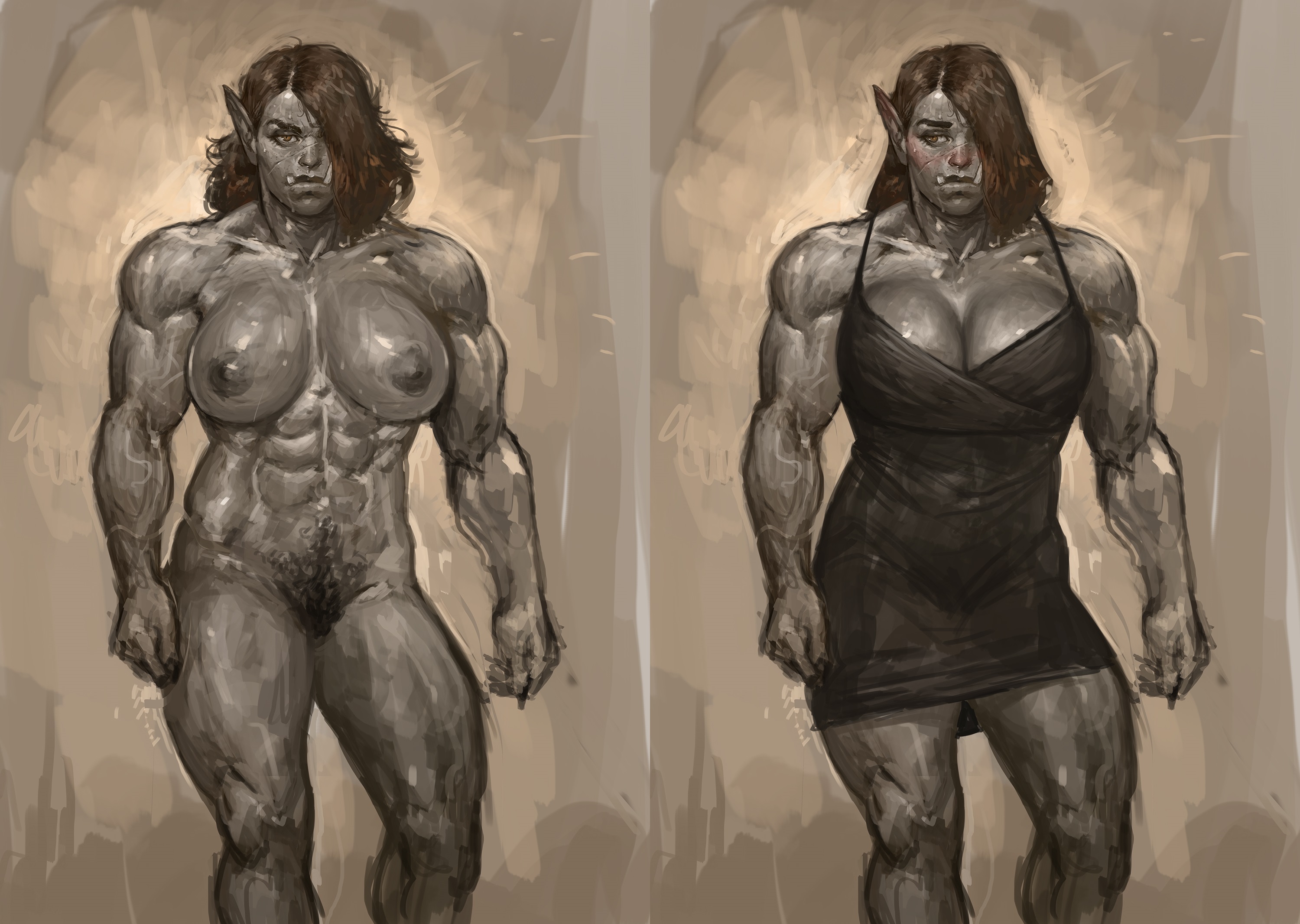 abs, areolae, big breasts, blush, blushing, breasts, bush, clothed, clothed/nude, clothing, dress, embarrassed, female, hairy, justsomenoob, large breasts, monochrome, muscles, muscular, muscular female, nipples, nude, orc, orc female, pinup, pubes, pubic hair, pussy, scar, solo, standing, sweat, sweatdrop, sweating, tusks
