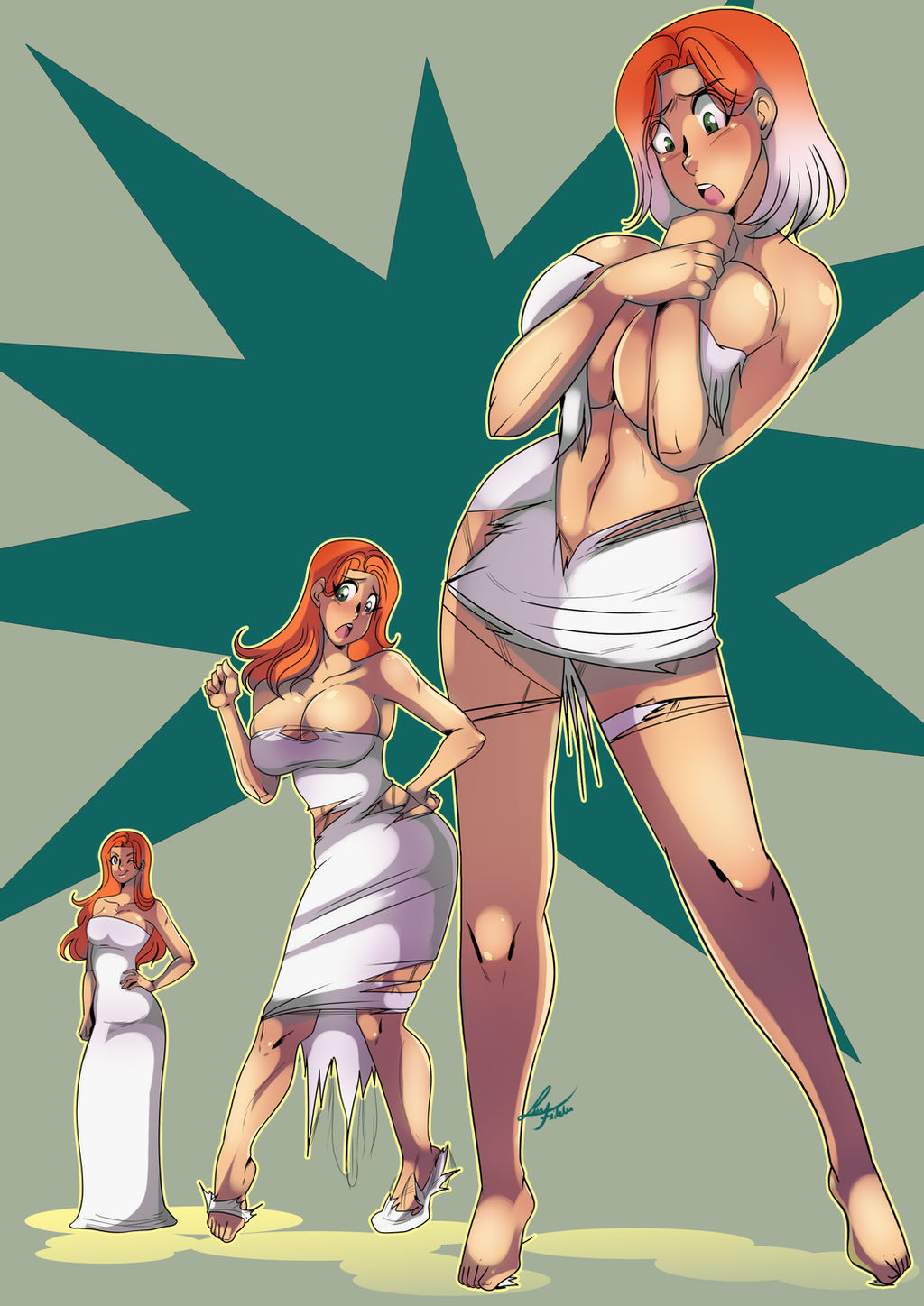 1girls blush breast_expansion breasts covering covering_breasts embarrassed female female_only giantess growth huge_breasts lufidelis sequence torn_clothes wardrobe_malfunction wide_hips