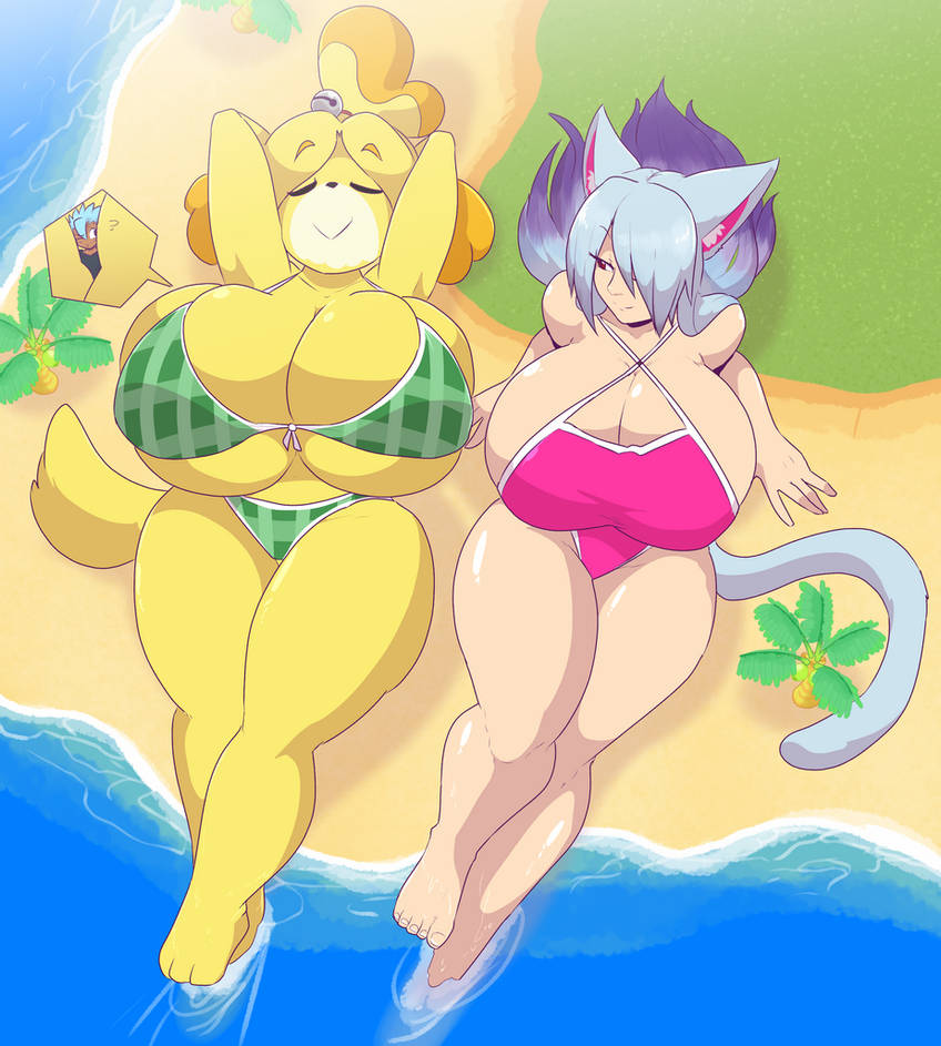 1boy, 2girls, animal crossing, animal crossing new horizons, anthro, beach, between breasts, bikini top, breasts, breasts bigger than head, cleavage, dog, female, giantess, huge breasts, inukazane, isabelle (animal crossing), male, nintendo, one-piece swimsuit, original, original character, relaxing, thick thighs, wolf ears, wolf tail