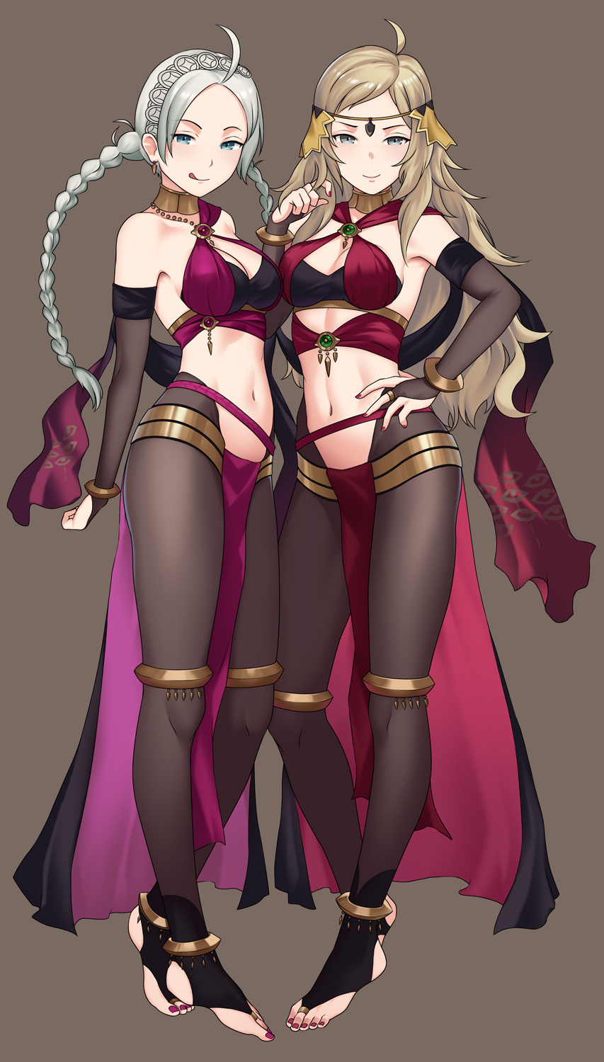 2girls alternate_costume arabian_clothes bare_midriff bbk_(13zk) blonde_hair bridal_legwear clothed cosplay dancer dancer_outfit dorothea_arnault_(cosplay) dorothea_arnault_(plegian)_(cosplay) feet female female_only fire_emblem fire_emblem_fates fire_emblem_heroes grey_hair harem_outfit jewelry legwear lene_(fire_emblem)_(cosplay) lene_(fire_emblem)_(plegian) lene_(fire_emblem)_(plegian)_(cosplay) licking_lips looking_at_viewer midriff nail_polish nina_(fire_emblem) nintendo ophelia_(fire_emblem) pink_nails plegian red_nails seductive seductive_smile toeless_legwear toes