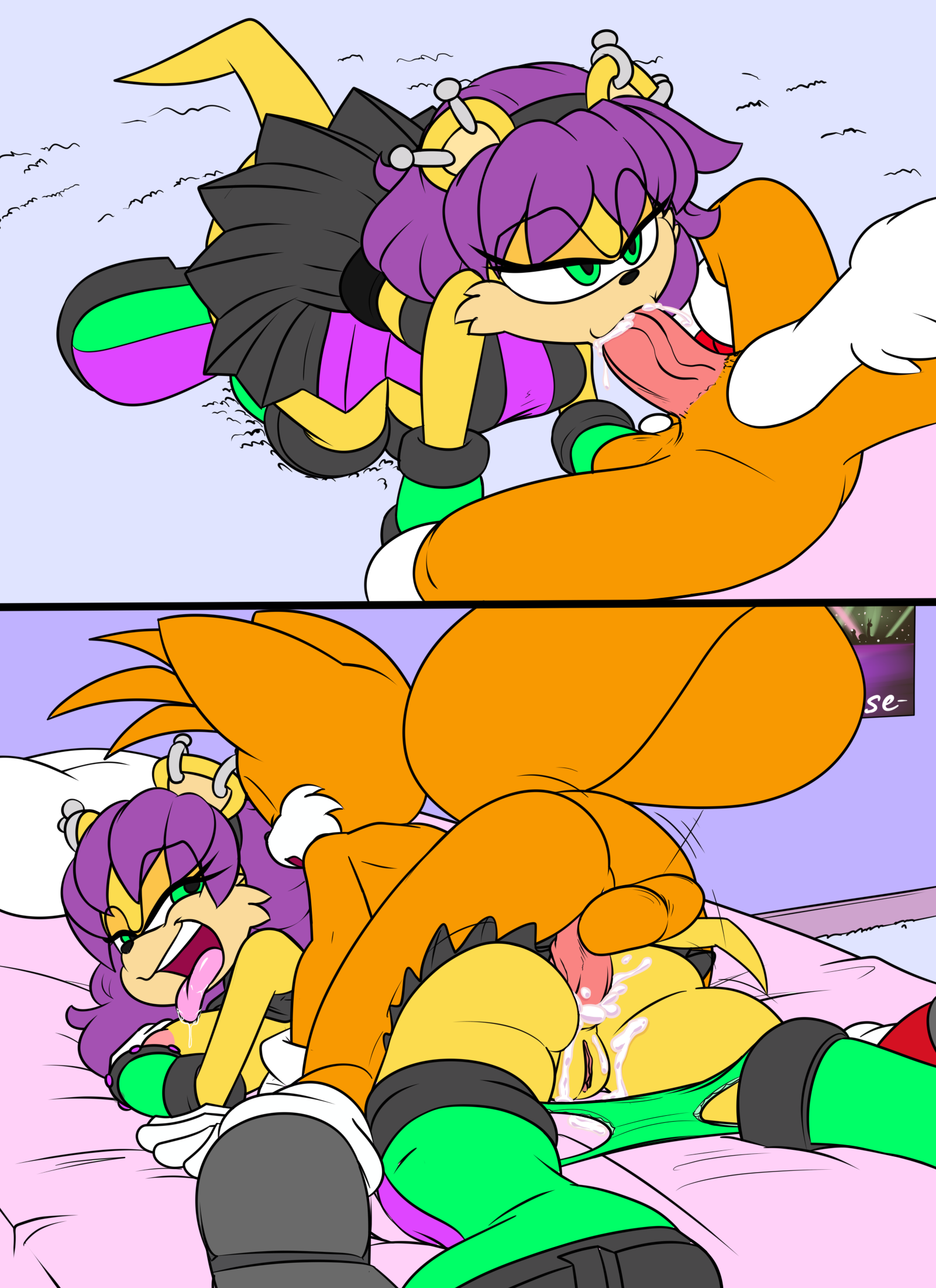 anthro, archie comics, cum, eyelashes, fox, furry, male, mina mongoose, mongoose, open mouth, open smile, orange body, orange fur, penis, purple hair, sega, sex, smile, sonic (series), sonic the hedgehog (archie), sonic the hedgehog (comics), sonic the hedgehog (series), tail, tails, tails the fox, teeth, tongue, tongue out, white body, white fur, xaveknyne, yellow body, yellow fur