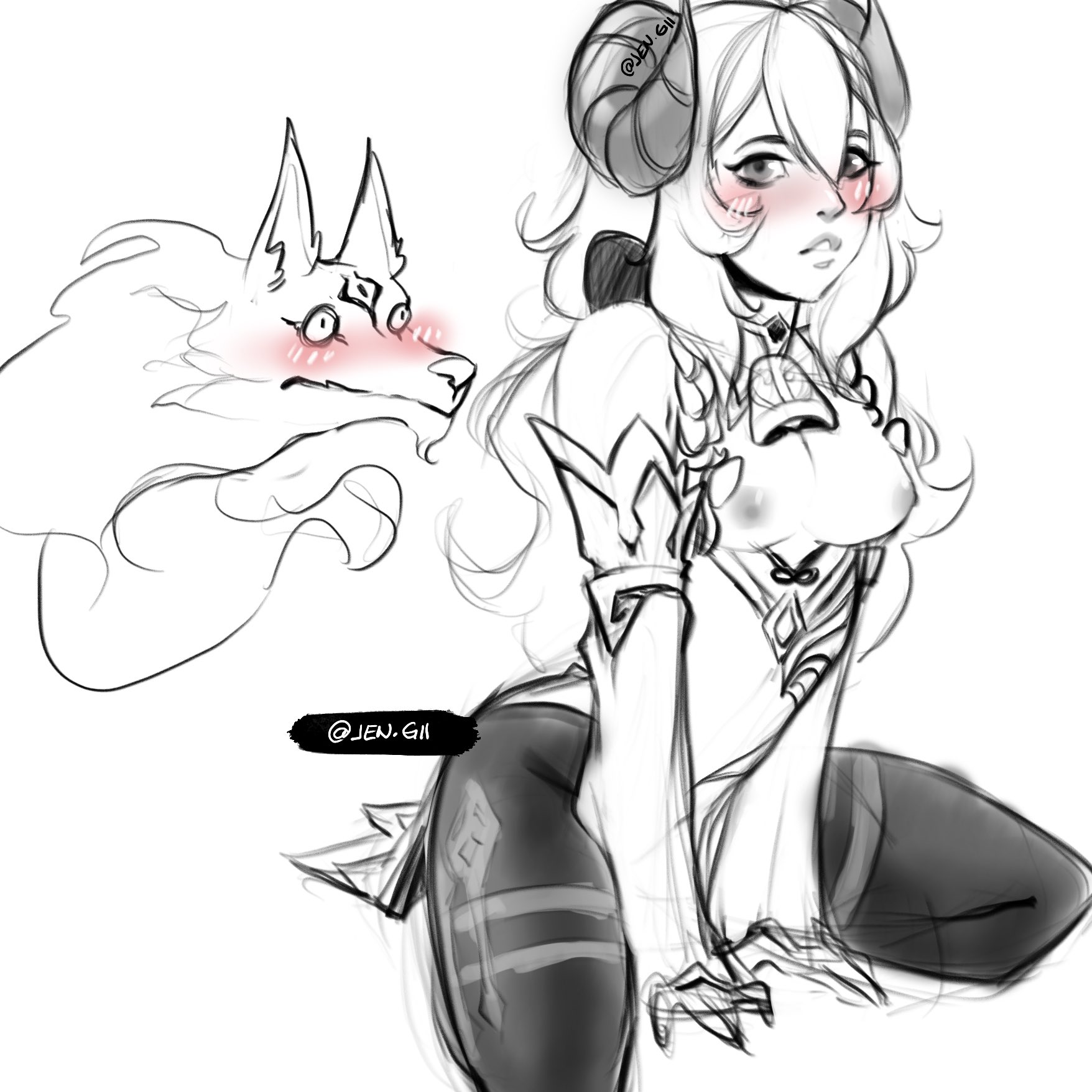 1girls, breasts, breasts out, caprine, cosplay, crossover, disguise, female, functionally nude, functionally nude female, ganyu (genshin impact), genshin impact, horn, horns, jengii, kindred, lamb, lamb (league of legends), league of legends, sheep, spirit blossom kindred, spirit blossom series, wolf (league of legends)