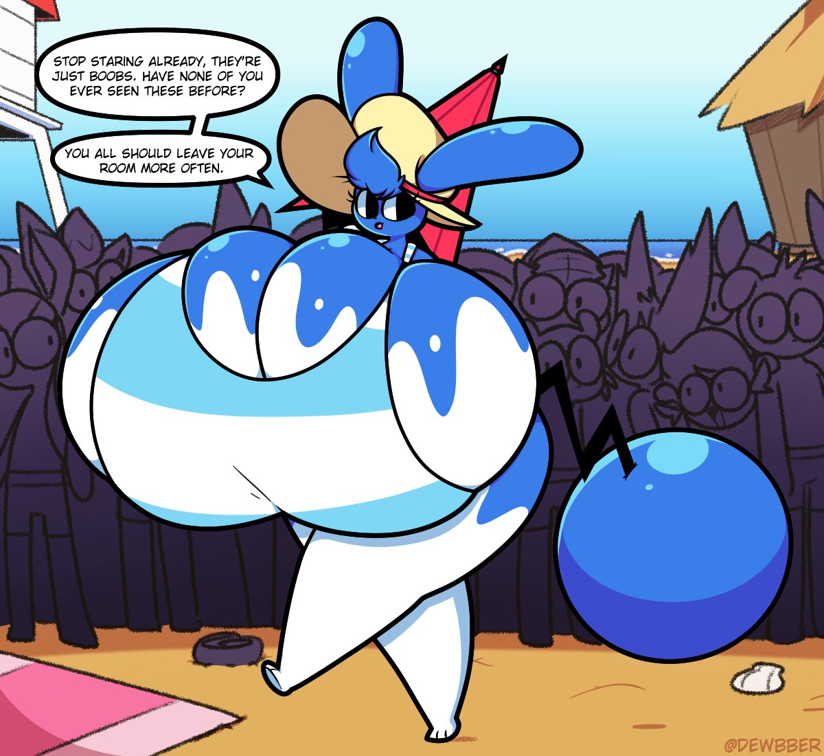 anthro, azumarill, beach, bikini, breasts, crowd, dewbber, female, furry, huge breasts, pokemon, straw hat, text, text bubble, thick thighs, thighs, tusks (dewbber), umbrella