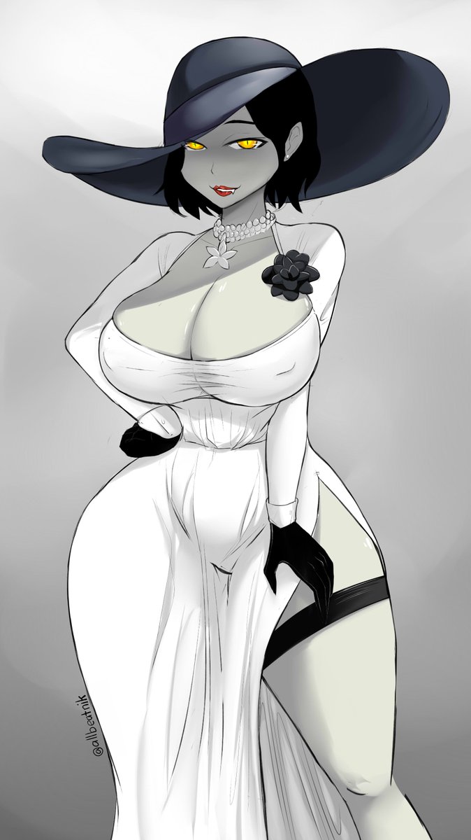 alcina dimitrescu, allbeatnik, artist signature, ass, breasts, capcom, cleavage, female, female only, glowing eyes, hat, large ass, large breasts, leg strap, lipstick, looking at viewer, nipple bulge, pale skin, red lips, resident evil, resident evil 8: village, solo female, thick thighs, vampire, wide hips, yellow eyes