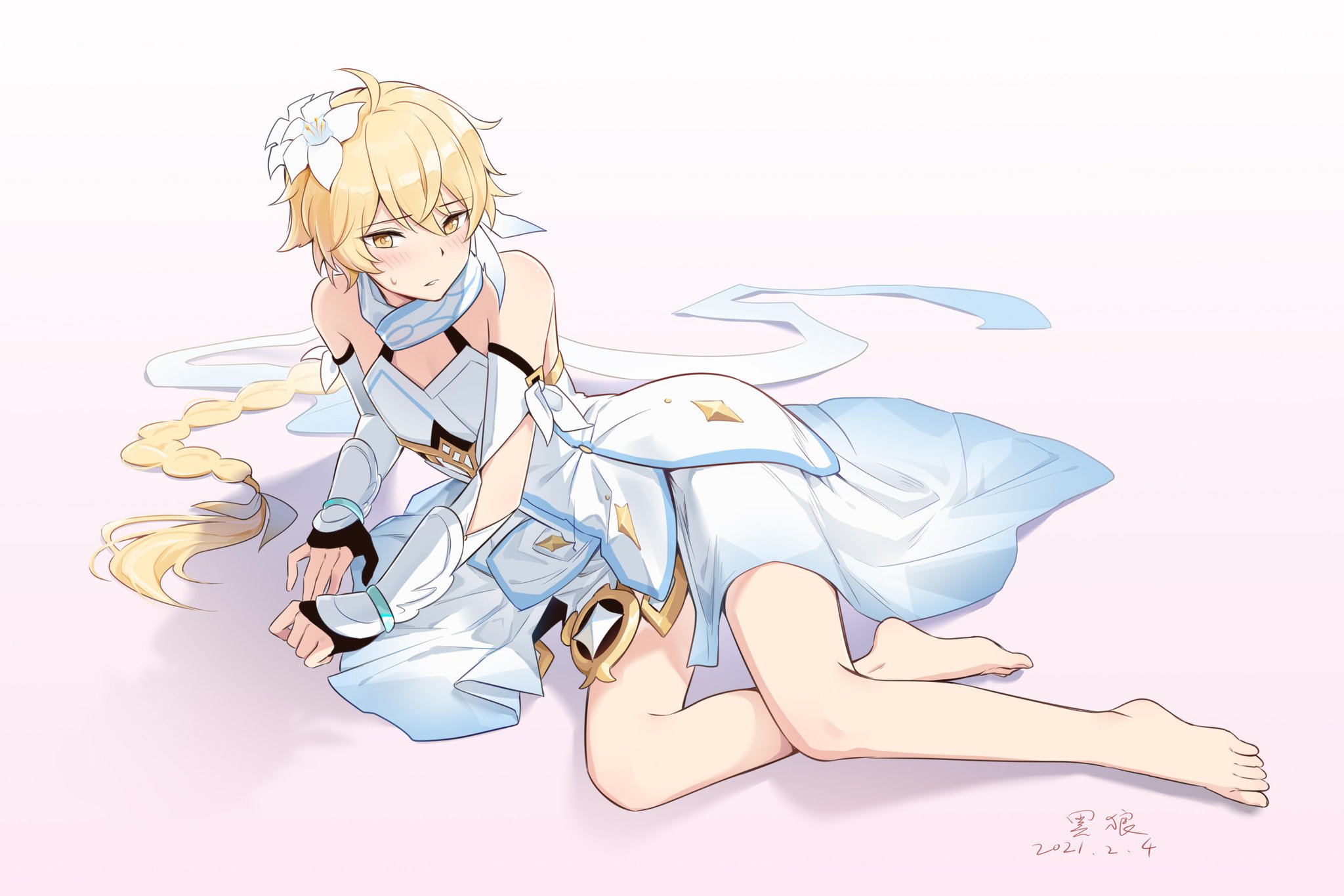 1boy, aether (genshin impact), blonde hair, braided hair, crossdressing, dress, feet, femboy, genshin impact, gold eyes, hei 11999 (twitter), long hair, lying down, male, male only, solo, submissive