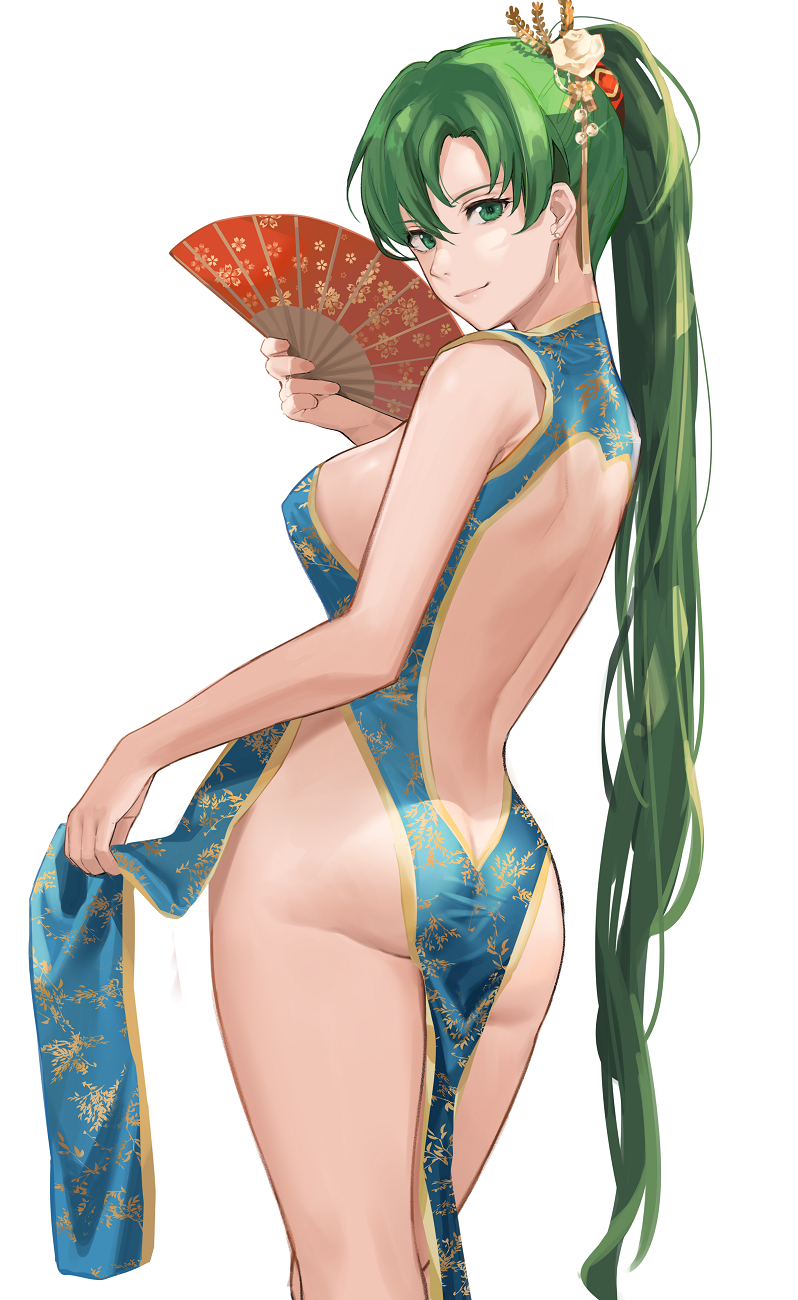 1girls, ass, ass cleavage, ass crack, back, bangs, bare back, bare shoulders, blue dress, blush, breasts, butt crack, dress, earrings, fan, female, fire emblem, fire emblem: the blazing blade, folding fan, green eyes, green hair, hair ornament, high ponytail, highres, j@ck, jewelry, large breasts, long hair, looking at viewer, lyn (fire emblem), lyndis (fire emblem), nintendo, pelvic curtain, ponytail, simple background, smile, thighs