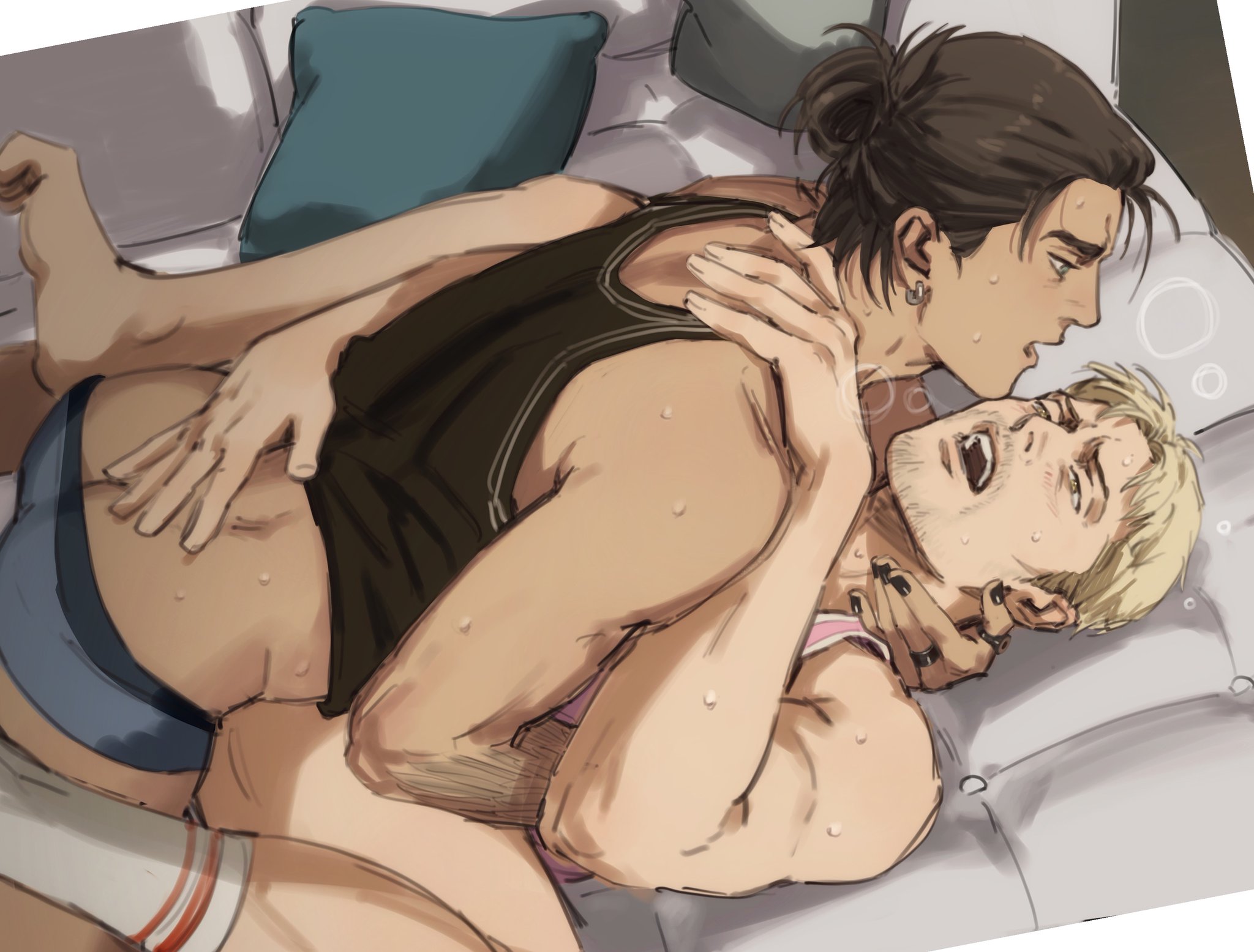 2boys, anal, anal sex, ass, attack on titan, bare arms, bare shoulders, barefoot, black nail polish, black nails, blonde hair, brown hair, clmbo, clothed, clothing, eren jaeger, gay, hand on back, male, male only, male/male, multiple boys, multiple males, nail polish, open mouth, penetration, reiner braun, sex, shingeki no kyojin, socks, underwear, yaoi