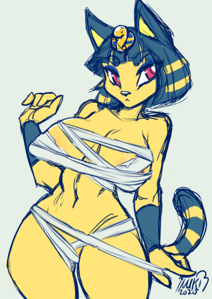 2021 4_fingers animal_crossing ankha anthro bandage blue_hair breasts domestic_cat egyptian felid feline felis female fingers fur furry inuki large_breasts mammal nintendo red_eyes simple_background skimpy solo standing uraeus white_background yellow_body