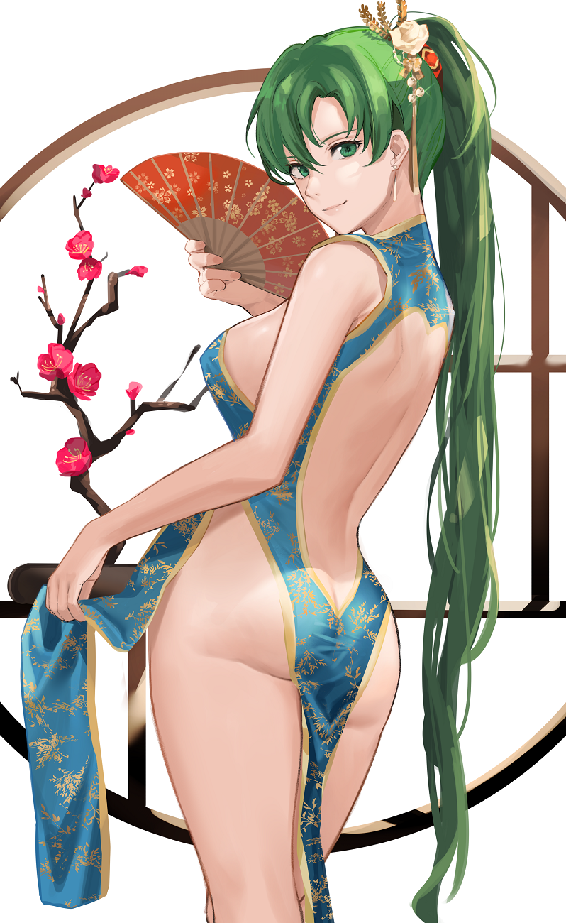 1girls, ass, ass cleavage, ass crack, back, bangs, bare back, bare shoulders, blue dress, blush, breasts, butt crack, dress, earrings, fan, female, fire emblem, fire emblem: the blazing blade, folding fan, green eyes, green hair, hair ornament, high ponytail, highres, j@ck, jewelry, large breasts, long hair, looking at viewer, lyn (fire emblem), lyndis (fire emblem), ninja, nintendo, pelvic curtain, ponytail, simple background, smile, thighs
