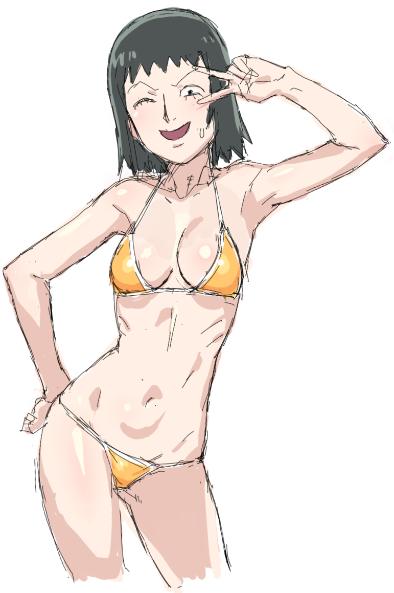 1girls arm_up armpits bare_shoulders bikini black_eyes black_hair breasts cleavage constricted_pupils eyelashes female female_only hand_on_hip hips kurata_tome midriff mob_face mob_psycho_100 navel nervous_sweat open_mouth peace_sign pose short_hair smile solo sweatdrop tenchisouha v_over_eye wink