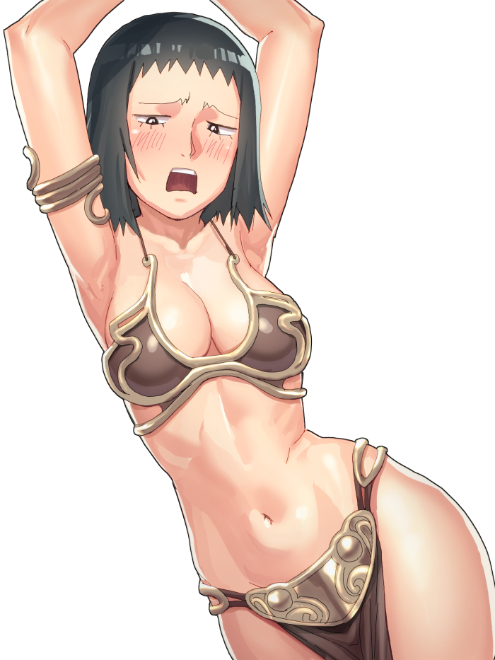 1girls armlet armpits arms_up big_hips bikini black_eyes black_hair blush breasts cleavage constricted_pupils cosplay crossover crossover_cosplay embarrassed eyelashes female female_only hips human human_only kurata_tome light-skinned_female light_skin loincloth midriff mob_face mob_psycho_100 navel open_mouth slave_bikini slave_leia_(cosplay) slave_outfit solo star_wars surprised tenchisouha