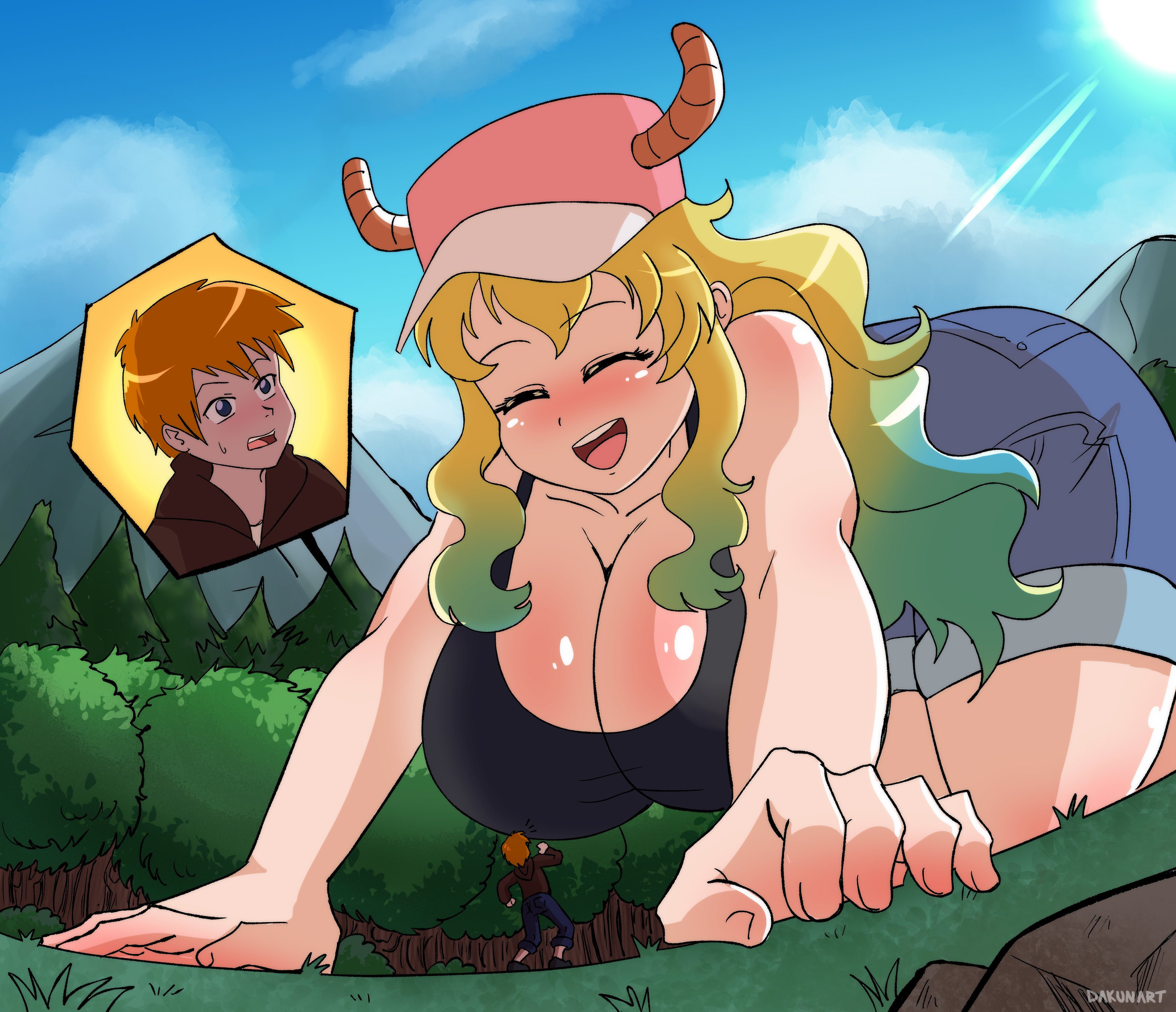 1boy, 1girls, breasts, cleavage, dakunart, female, giantess, huge breasts, leon takayashi (thelittlepunk), male, miss kobayashi's dragon maid, original character, quetzalcoatl (dragon maid), size difference