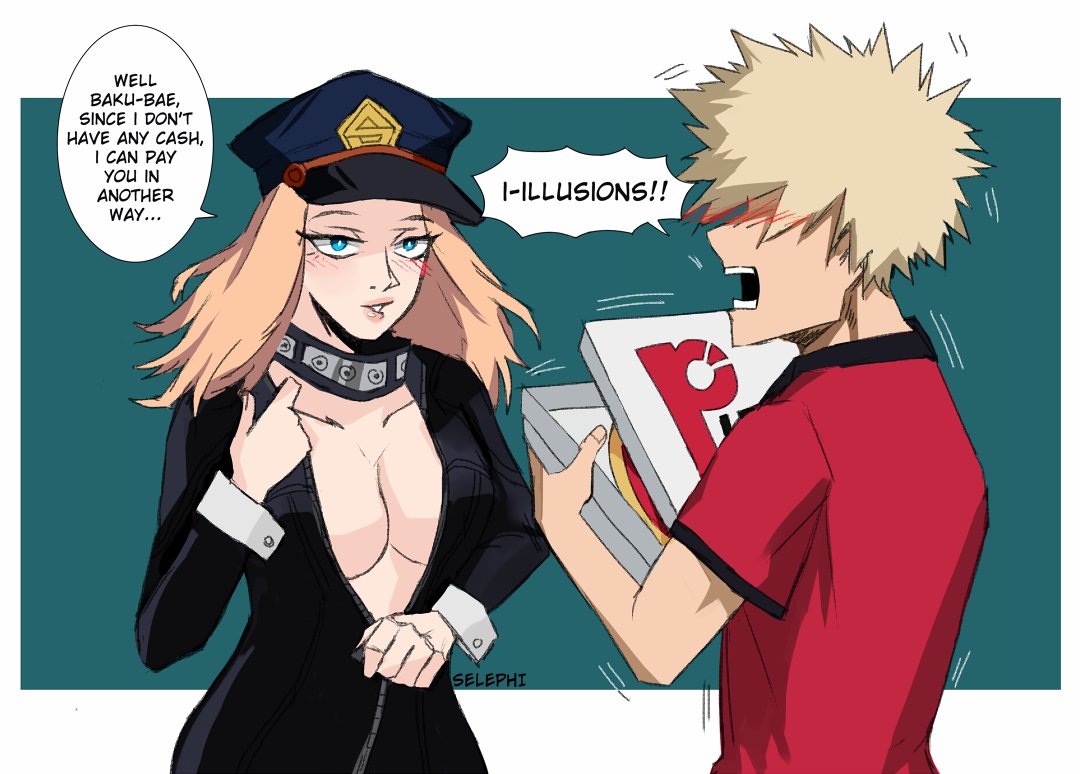 1boy, 1girls, blonde hair, blonde-haired female, blonde-haired male, camie utsushimi, cleavage, clothed, dialogue, embarrassed, english text, exposing chest, female, hat, hero outfit (mha), katsuki bakugou, male, my hero academia, peaked cap, pizza, pizza box, pizza delivery, pouty lips, selephi sel3phi, shiketsu high school cap, speech bubble, straight, surprised, text, tight clothing, unzipped bodysuit, unzipping, wrist cuffs, zipper down