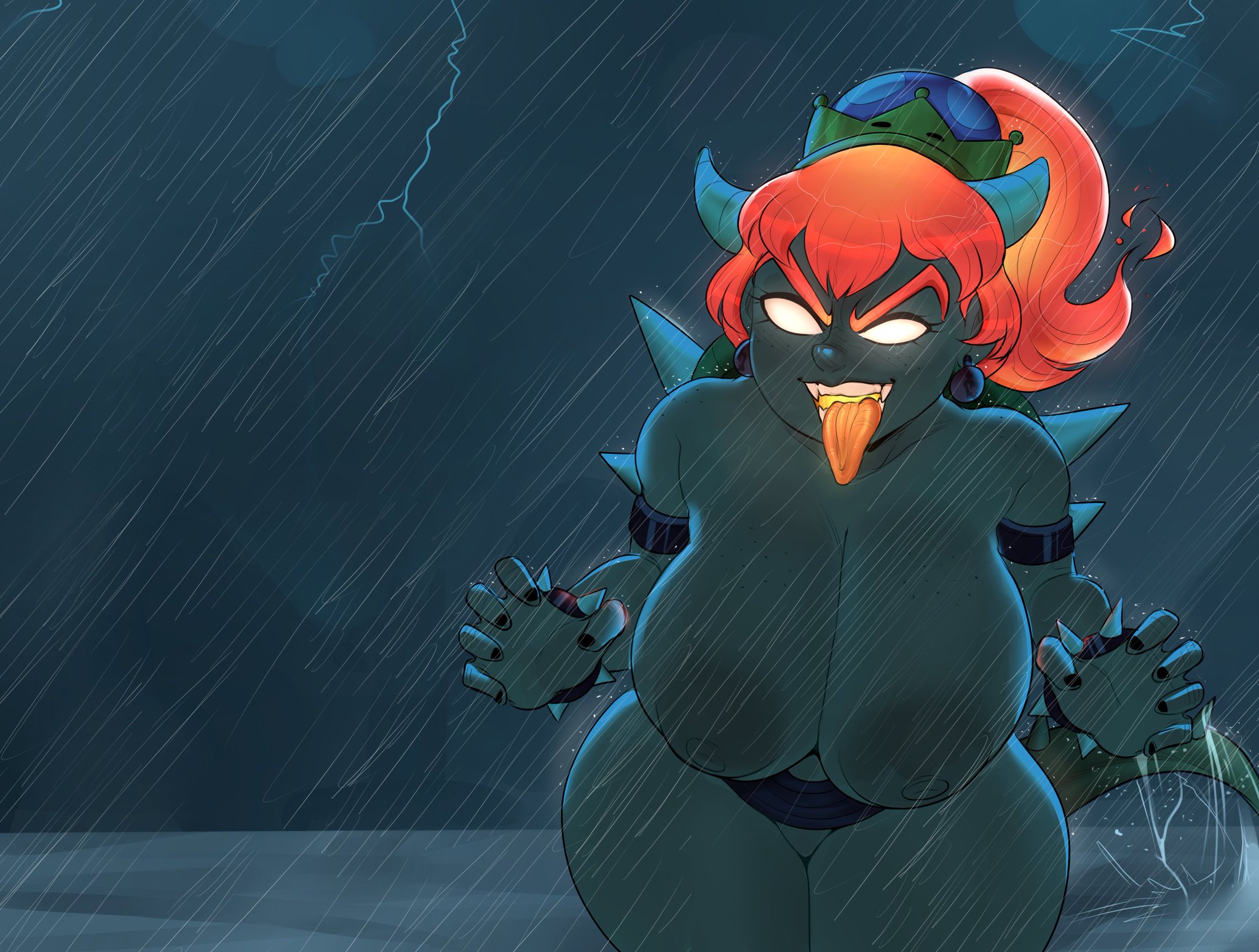 1girls, big breasts, bowser's fury, bowsette, breasts, cleavage, crown, detnox, female, female only, fury bowser, fury bowsette, horns, mario (series), new super mario bros. u deluxe, redhead, rule 63, shell, solo, solo female, spiked bracelet, spiked shell, super crown, super mario 3d world, tongue, tongue out