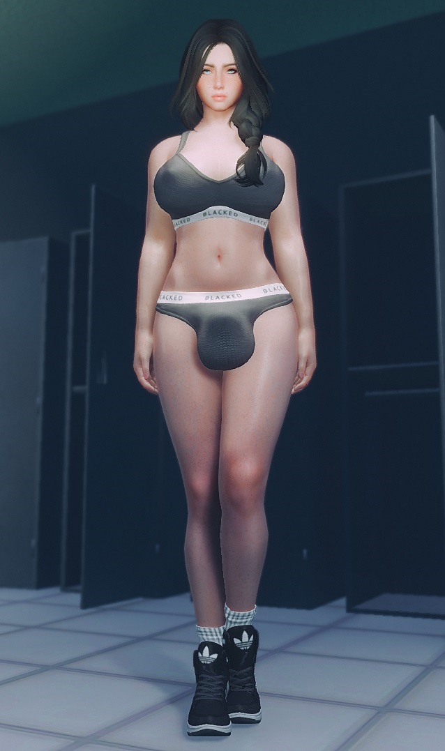 1futa, 3d, bethesda softworks, black hair, blacked, blacked clothing, blue eyes, bulge, futa only, futanari, hairy armpits, intersex, skyrim, solo, the elder scrolls, uncensored