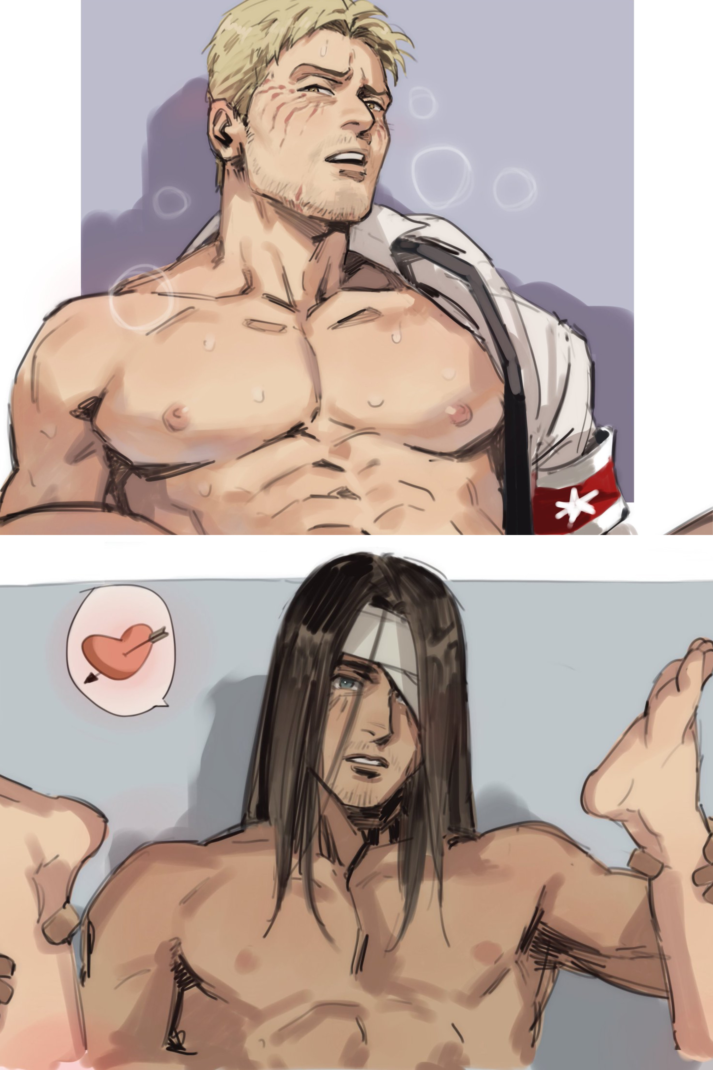 2boys, armband, attack on titan, bandage, bandage over one eye, bare chest, barefoot, blonde hair, brown hair, clmbo, eren jaeger, facial hair, falling in love, feet, feet up, gay, heart, male, male only, male/male, multiple boys, multiple males, muscular, muscular male, open mouth, reiner braun, shingeki no kyojin, yaoi