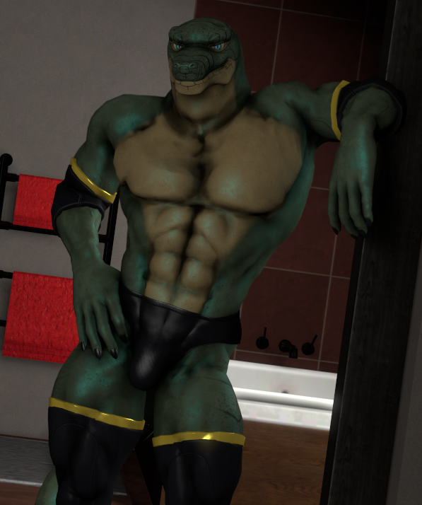 3d_(artwork) anthro armwear bulge clothed clothing digital_media_(artwork) leaning legwear lizard looking_at_viewer male reptile rings_on_arms rings_on_legs scalie snak3 solo source_filmmaker