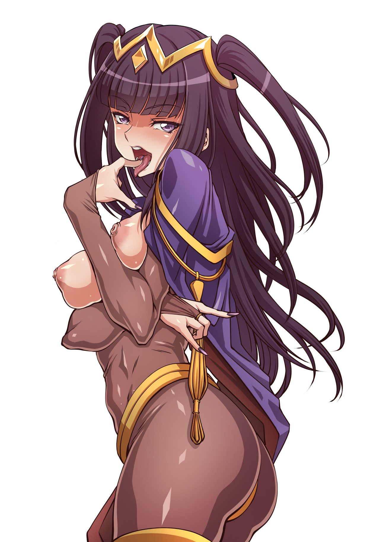 1girls, ass, bangs, big breasts, black hair, bodystocking, breasts, breasts out, female, finger on tongue, fire emblem, fire emblem awakening, long hair, looking at viewer, naughty face, nintendo, nipples, purple eyes, shunzou, simple background, solo, solo female, suggestive, tharja (fire emblem), tongue, tongue out, white background