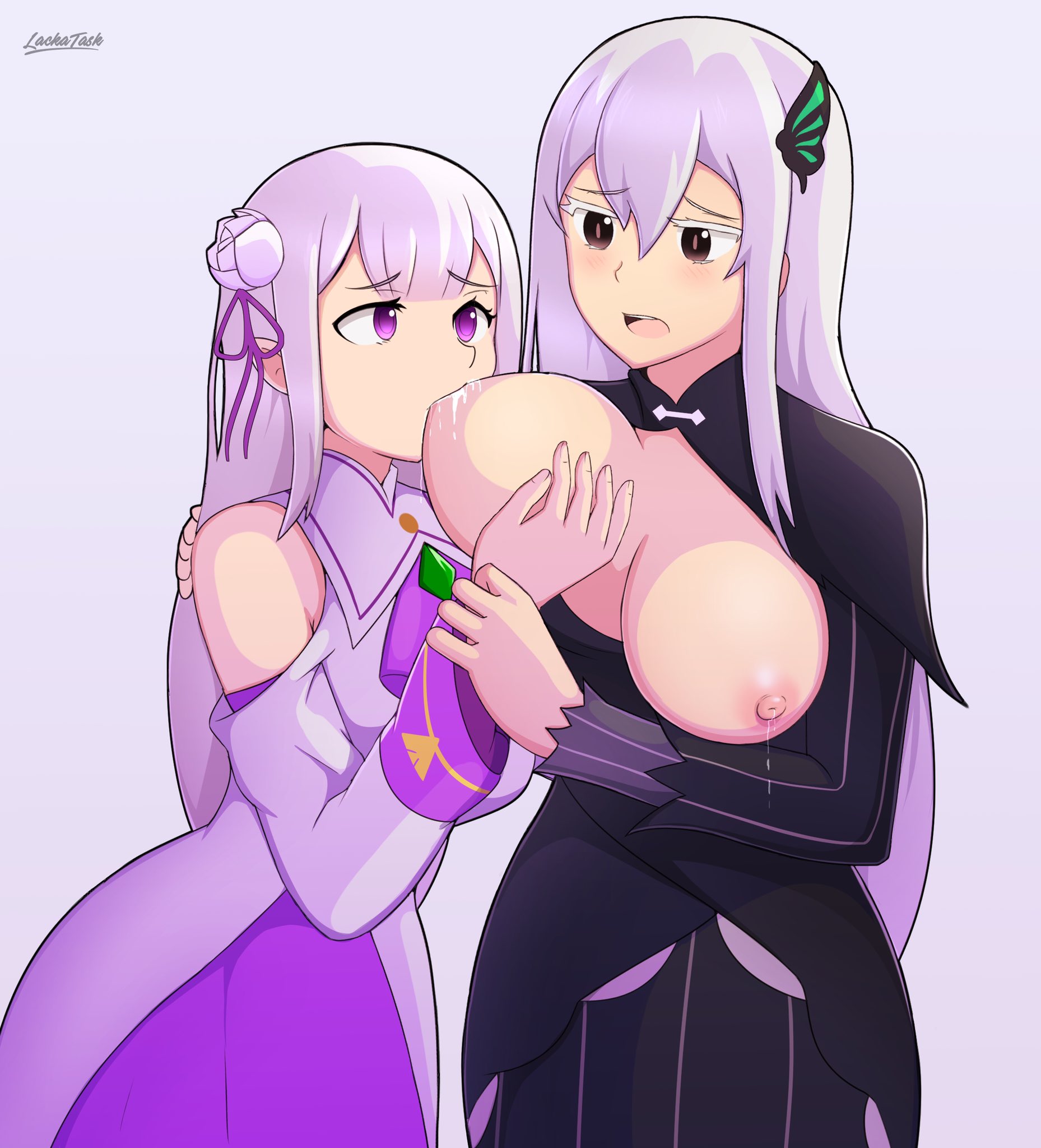 2girls, areolae, bare shoulders, black dress, black eyes, blush, breast grab, breast sucking, breasts, breasts out, butterfly hair ornament, dress, echidna (re:zero), emilia (re:zero), female, female only, flower hair ornament, fully clothed, groping, hair ornament, high resolution, image, lackatask, lactation, large breasts, long hair, multiple females, multiple girls, nipples, purple eyes, re:zero kara hajimeru isekai seikatsu, silver hair, yuri