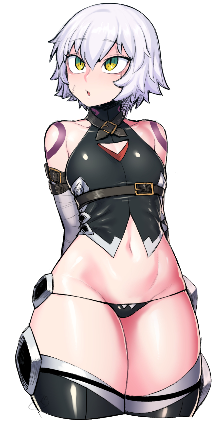 :o, arm belt, arms behind back, ass, bandaged arm, bandages, bangs, bare shoulders, belt, belt buckle, black belt, black legwear, black panties, black shirt, black underwear, boots, breasts, brown belt, buckle, clavicle, cowboy shot, crop top, cropped legs, eyebrows visible through hair, facial scar, fate (series), fate/apocrypha, fate/grand order, female, from behind, green eyes, grey hair, groin, hair between eyes, high resolution, jack the ripper (fate), jack the ripper (fate/apocrypha), looking away, looking up, lowleg, lowleg panties, multicolored, multicolored eyes, narrow shoulders, navel, open mouth, pantsu, scar, scar across eye, scar on cheek, scar on face, shiny, shiny clothes, shiny skin, shirt, short hair, shoulder tattoo, signature, simple background, sleeveless, sleeveless shirt, small breasts, solo, spacezin, standing, stomach, tattoo, thick thighs, thigh boots, thigh highs, thighs, thin arms, thin waist, thong, turtleneck, underwear, white background, wide hips, yellow eyes