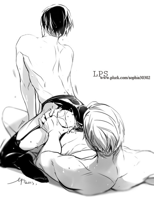 2boys, ass, ass grab, attack on titan, bare arms, bare back, bare shoulders, black and white, bodily fluids, erwin smith, garter straps, gay, hand on ass, levi, levi ackerman, lying, lying on back, male, male/male, monochrome, multiple boys, multiple males, reverse cowgirl position, shingeki no kyojin, sitting on lap, sitting on person, thighhighs, tights, undercut, yaoi