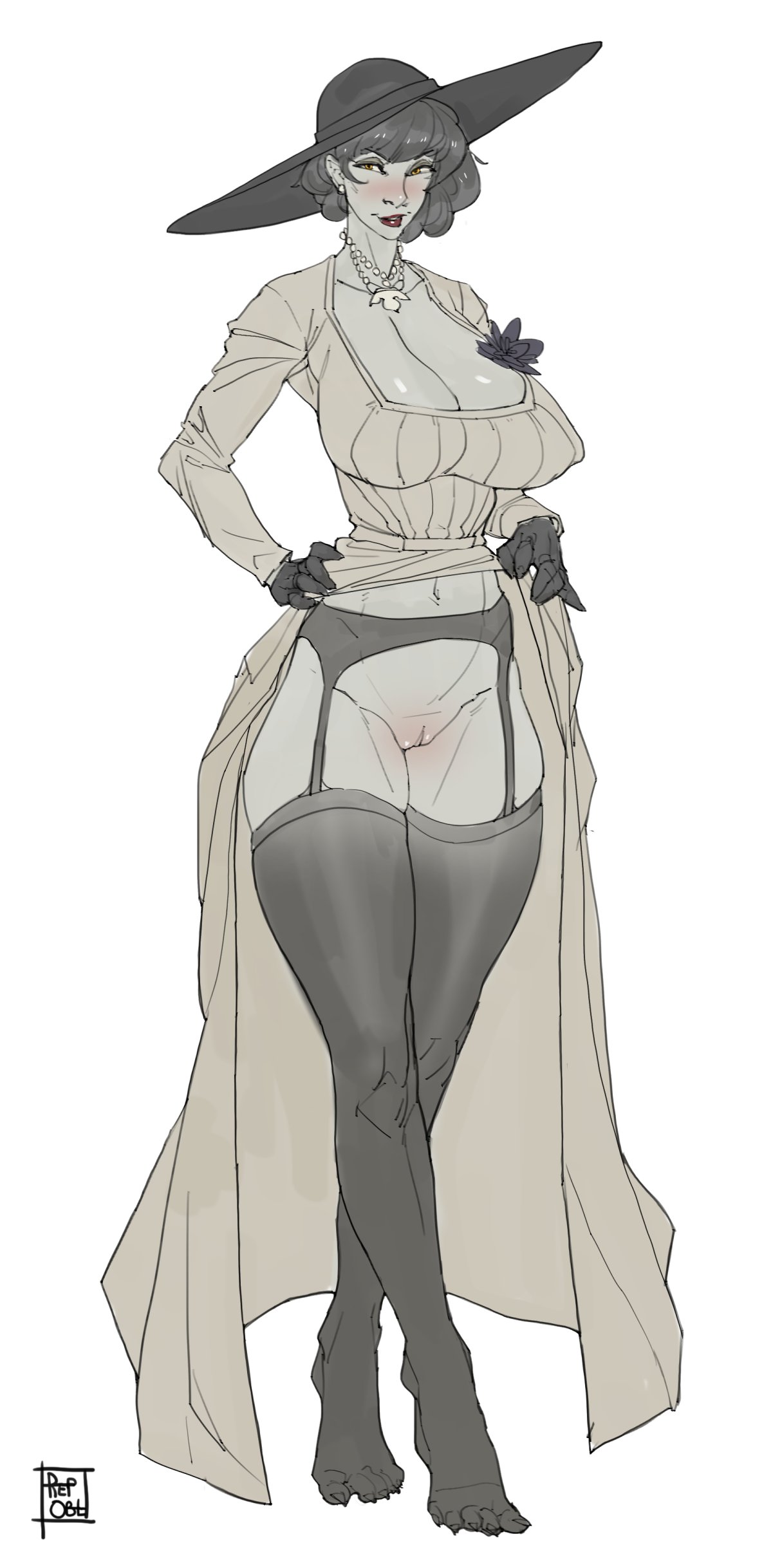 1girls, alcina dimitrescu, big anus, big breasts, black hair, breasts, capcom, clitoral hood, clitoris, dress, dress lift, female, garter belt, grey skin, hat, hips, lifting dress, lifting skirt, light skin, light-skinned female, no panties, pale skin, pale-skinned female, presenting pussy, pussy, reptilian orbit, resident evil, resident evil 8: village, short hair, taller female, thick thighs, vampire, white background, wide hips, wide thighs, yellow eyes