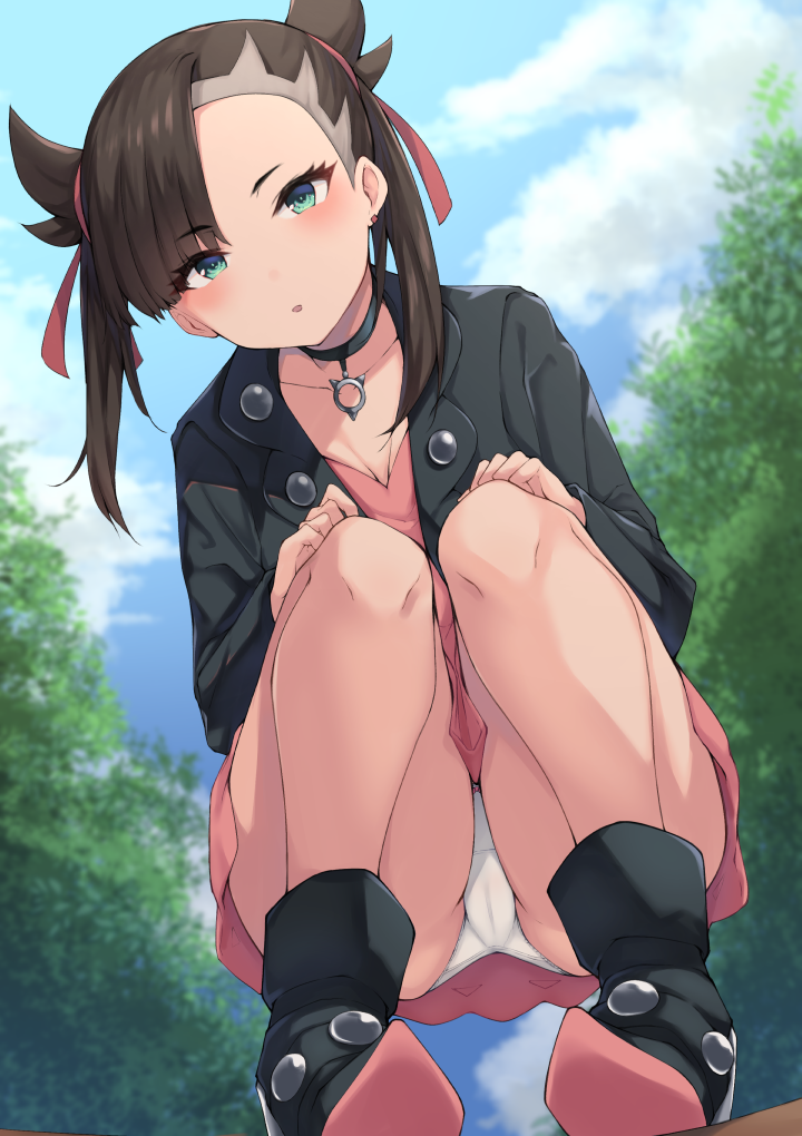 1girls black_hair black_jacket black_mutou blue_eyes cameltoe dress female female_only looking_down marnie_(pokemon) nintendo outside panties pantyshot pink_dress pokemon pokemon_ss shoes sitting solo squatting tied_hair viewed_from_below white_panties