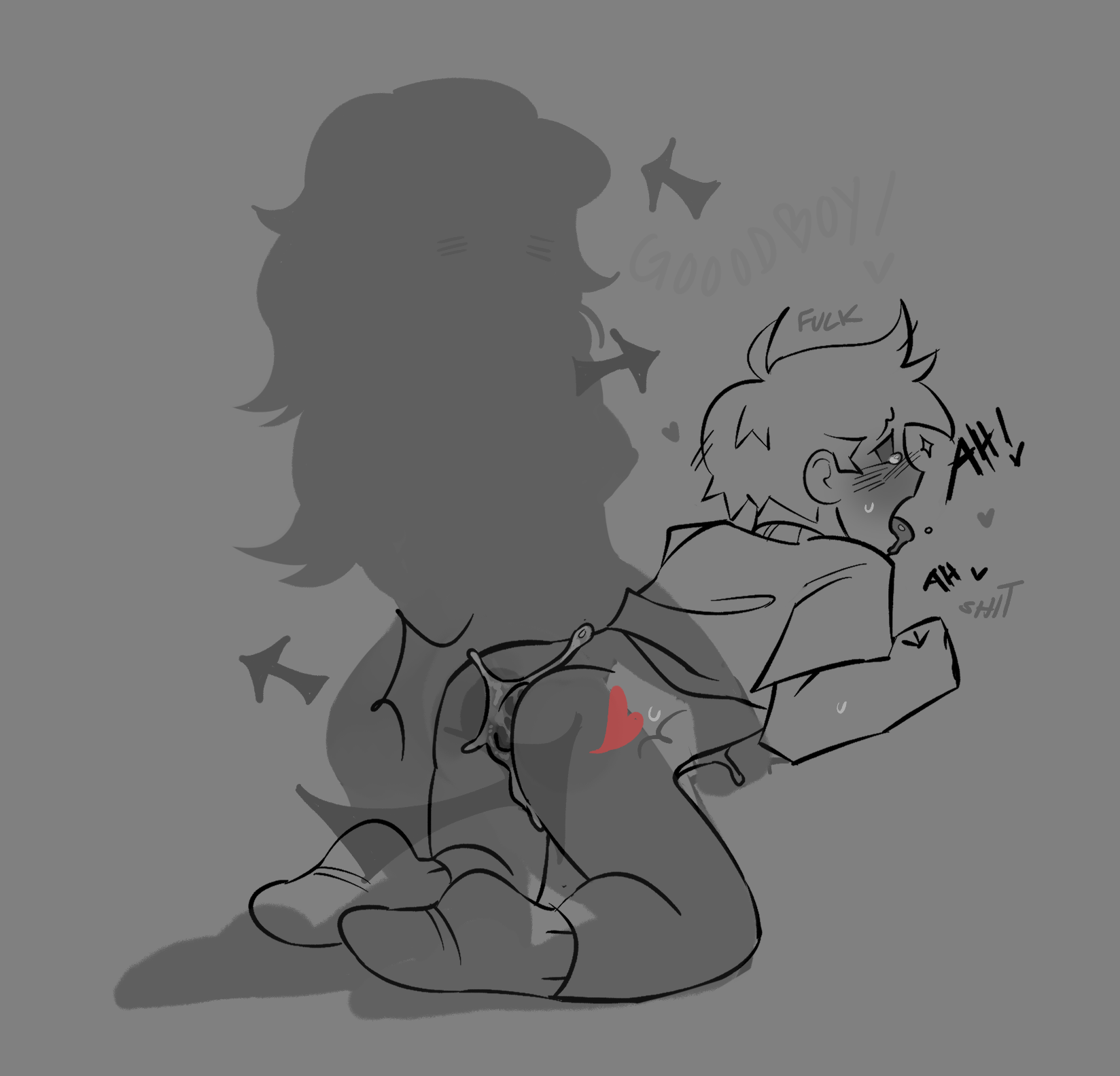 1boy, 1futa, ass, blush, boyfriend (friday night funkin), clothing, cum, cum in ass, cum inside, cute, femboy, friday night funkin, futa on male, futadom, futanari, girlfriend (friday night funkin), good boy, intersex, male, monochrome, pegging, sex, sweat, transparent body