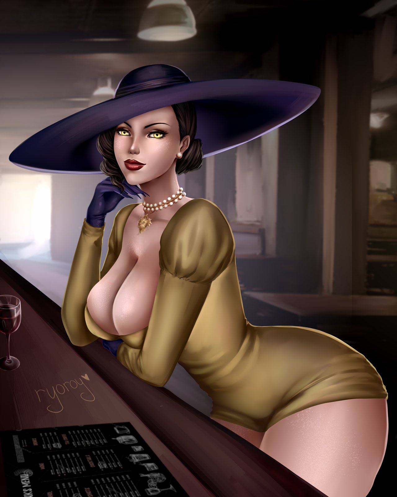 1girls alcina_dimitrescu arched_back arm_support bar black_hair breasts capcom cleavage dress drink earrings female glass gloves hat hi_res indoors large_breasts leaning_forward lipstick long_fingernails looking_at_viewer menu necklace pinup pose resident_evil resident_evil_8:_village ryoroy smile solo solo_focus table thick_thighs yellow_eyes