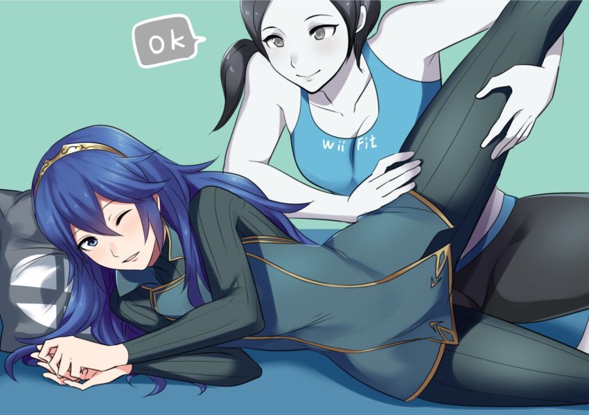 2girls ameno_(a_meno0) blue_eyes blue_hair clothed female_only fire_emblem fire_emblem_awakening fully_clothed grey_hair laying_down leg_grab legs legs_up looking_at_viewer lucina_(fire_emblem) multiple_girls nintendo one_eye_closed super_smash_bros. white_skin wii_fit wii_fit_trainer yoga yoga_pants