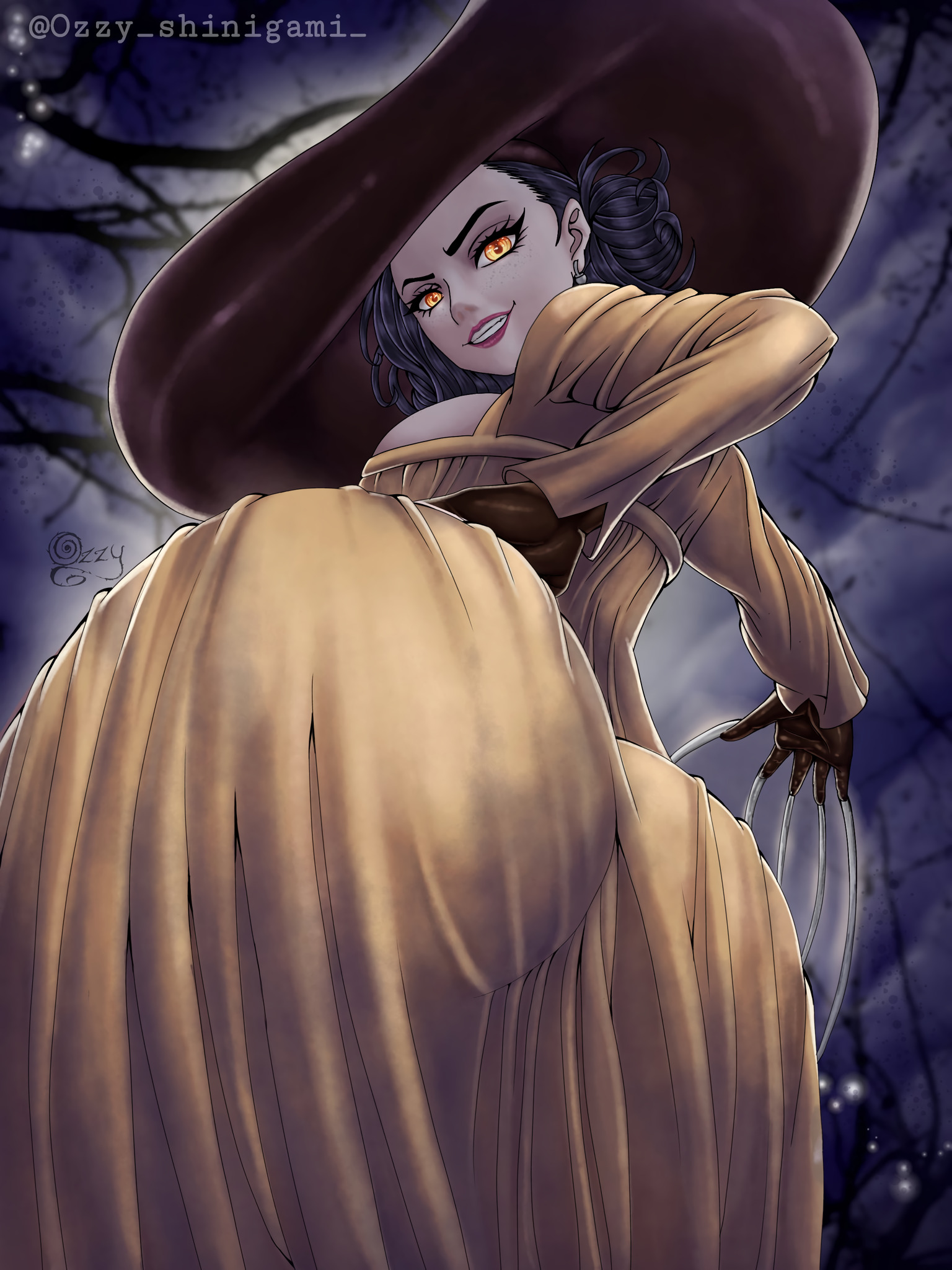 alcina dimitrescu, ass, ass in dress, big ass, black hair, breasts, bubble ass, bubble butt, capcom, claws, dress, female, female only, gloves, hat, huge ass, large ass, large breasts, light skin, light-skinned female, looking at viewer, ozzyshinigami, pale skin, pale-skinned female, resident evil, resident evil 8: village, solo, tight dress, voluptuous, yellow eyes