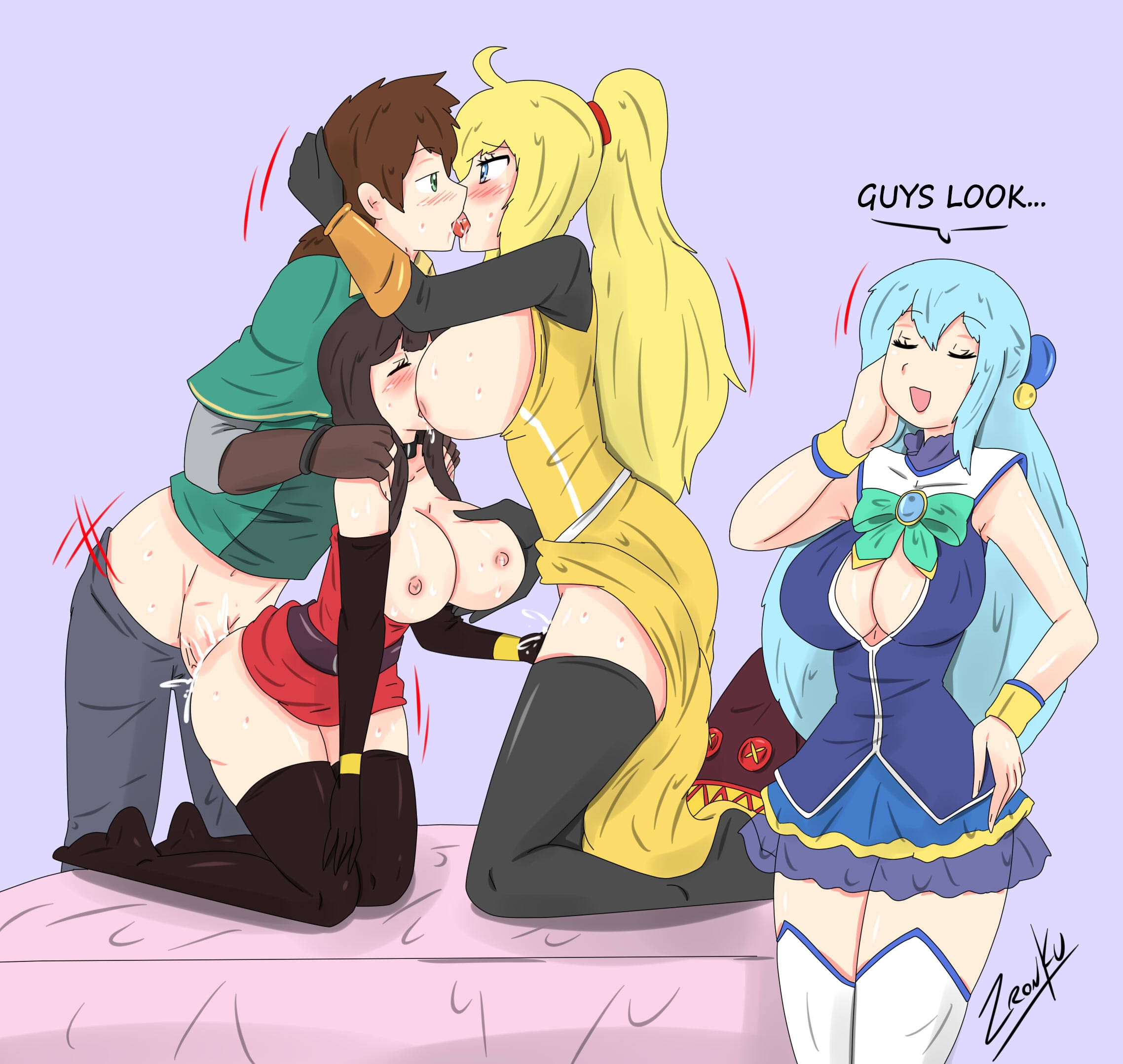 1boy, 3girls, aged up, alternate costume, ambiguous penetration, aqua (konosuba), darkness (konosuba), female, fingering, from behind, group sex, ignoring, kono subarashii sekai ni shukufuku wo!, male, megumin, milf, multiple girls, partially clothed, satou kazuma, sex, sucking nipples, zronku