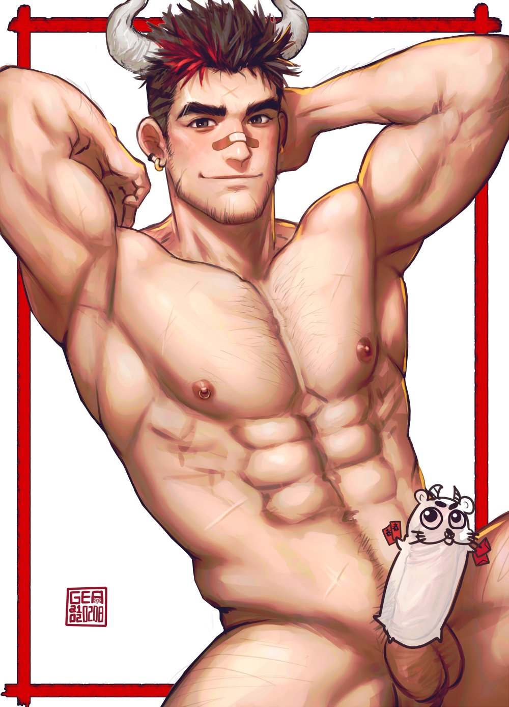 1boy abs arms_behind_head bandaid bandaid_on_nose bara black_hair censored chest_hair chinese_zodiac completely_nude cow_boy cow_horns earrings erection facial_hair greentea hairy_chest happy_new_year highres horns jewelry large_pectorals male_focus male_only male_pubic_hair male_solo mature_male multicolored_hair muscular muscular_male navel navel_hair new_year nipples nude original penis pubic_hair red_hair short_hair smile solo spread_legs stomach streaked_hair stubble thighs treasure_trail year_of_the_ox