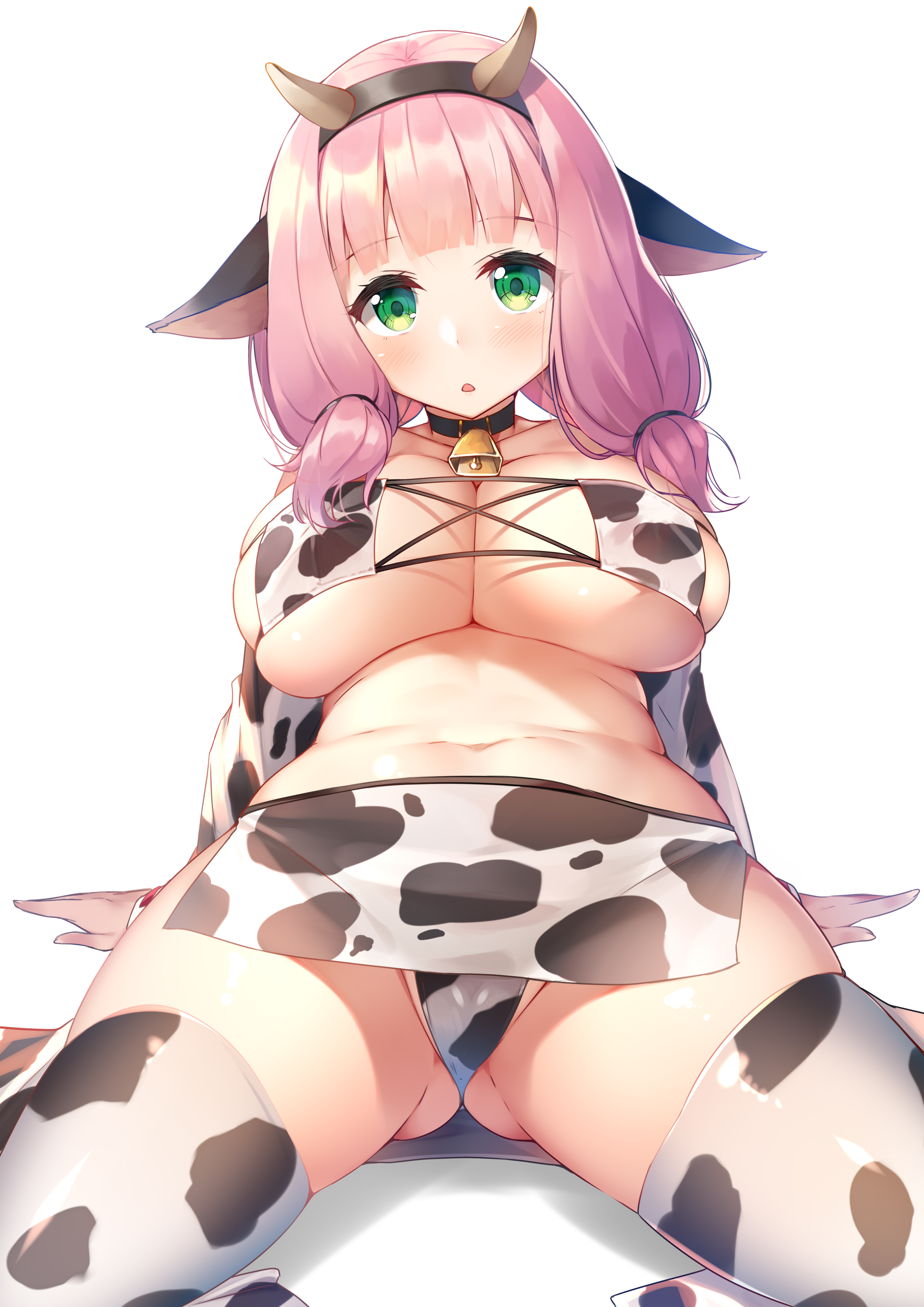 1girls, absurdres, animal ears, animal print, arm support, bang dream!, bangs, bell, bell choker, bikini, blush, breasts, chinese zodiac, choker, cleavage, collarbone, cow bikini, cow ears, cow girl, cow horns, cow legwear, cow print, cowbell, curvy, eyebrows visible through hair, eyepatch bikini, fake animal ears, fake horns, female, female only, green eyes, hair tie, hairband, headband, highres, horn, horns, large breasts, legs, legwear, looking at viewer, low twintails, medium hair, nasudora, navel, open mouth, pelvic curtain, pink hair, simple background, sitting, solo, stomach, swimsuit, thighhighs, thighs, twintails, uehara himari, white background