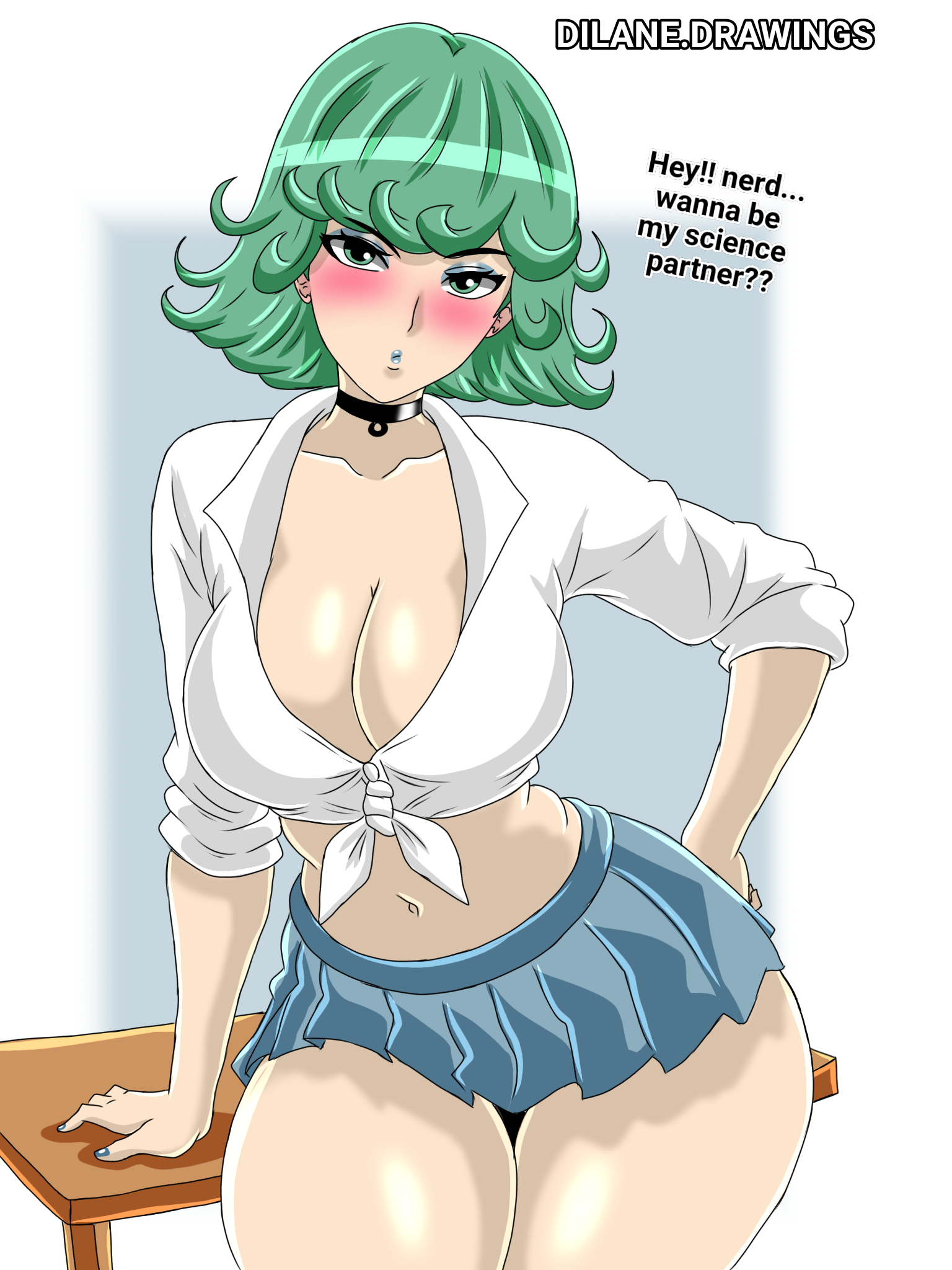 asking a question, asking viewer, big breasts, bratty, breast expansion, choker, classroom, dilane93, huge breasts, leaning on table, lipstick, miniskirt, one-punch man, open shirt, petite, sassy, school uniform, schoolgirl, schoolgirl uniform, short hair, skirt, tatsumaki, thicc, thick, thick hips, thick thighs, tight clothing